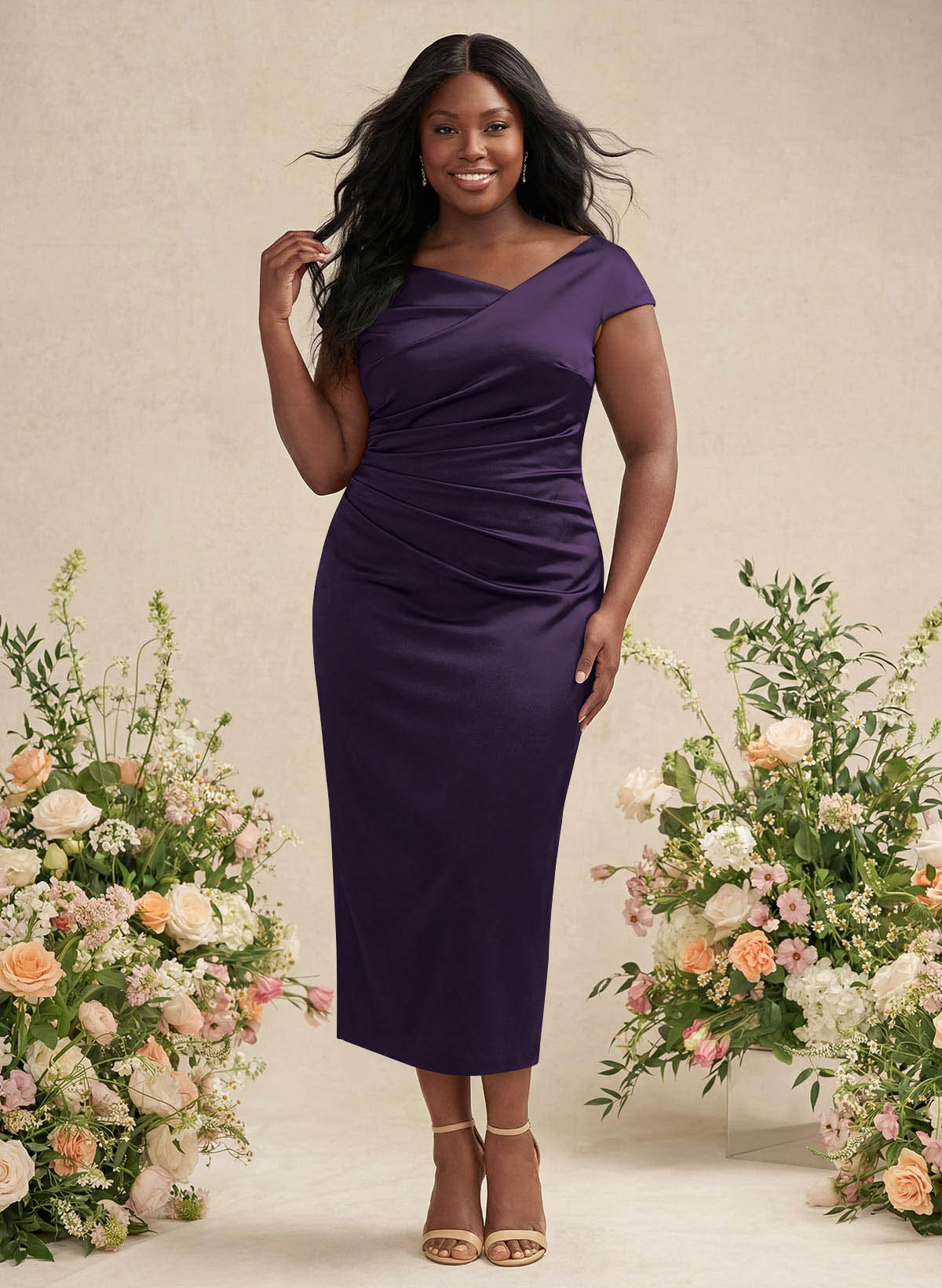 Sheath/Column Cowl Neck Short Sleeves Tea-Length Charmeuse Bridesmaid Dresses, product image 151