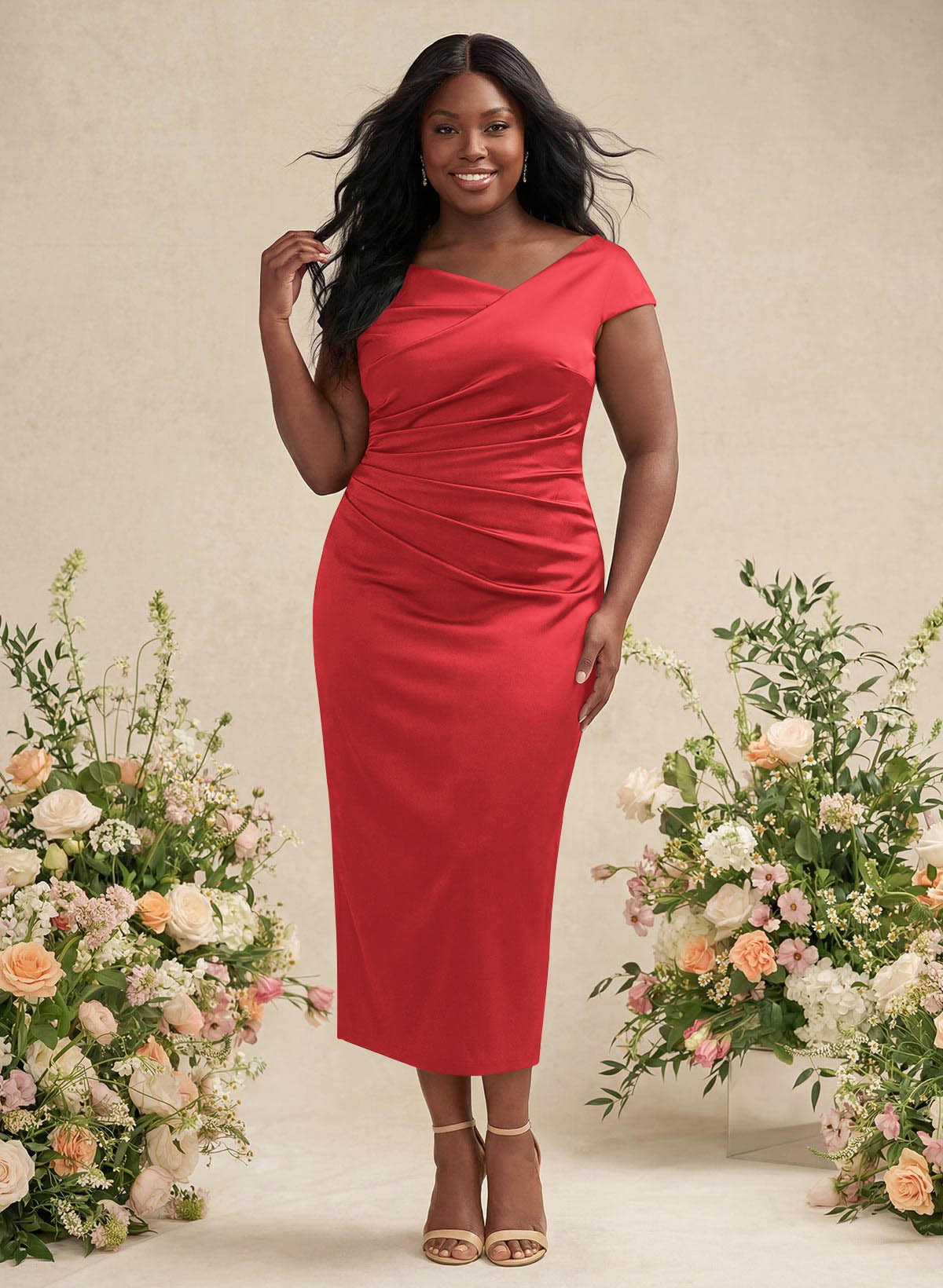 Sheath/Column Cowl Neck Short Sleeves Tea-Length Charmeuse Bridesmaid Dresses, product image 135