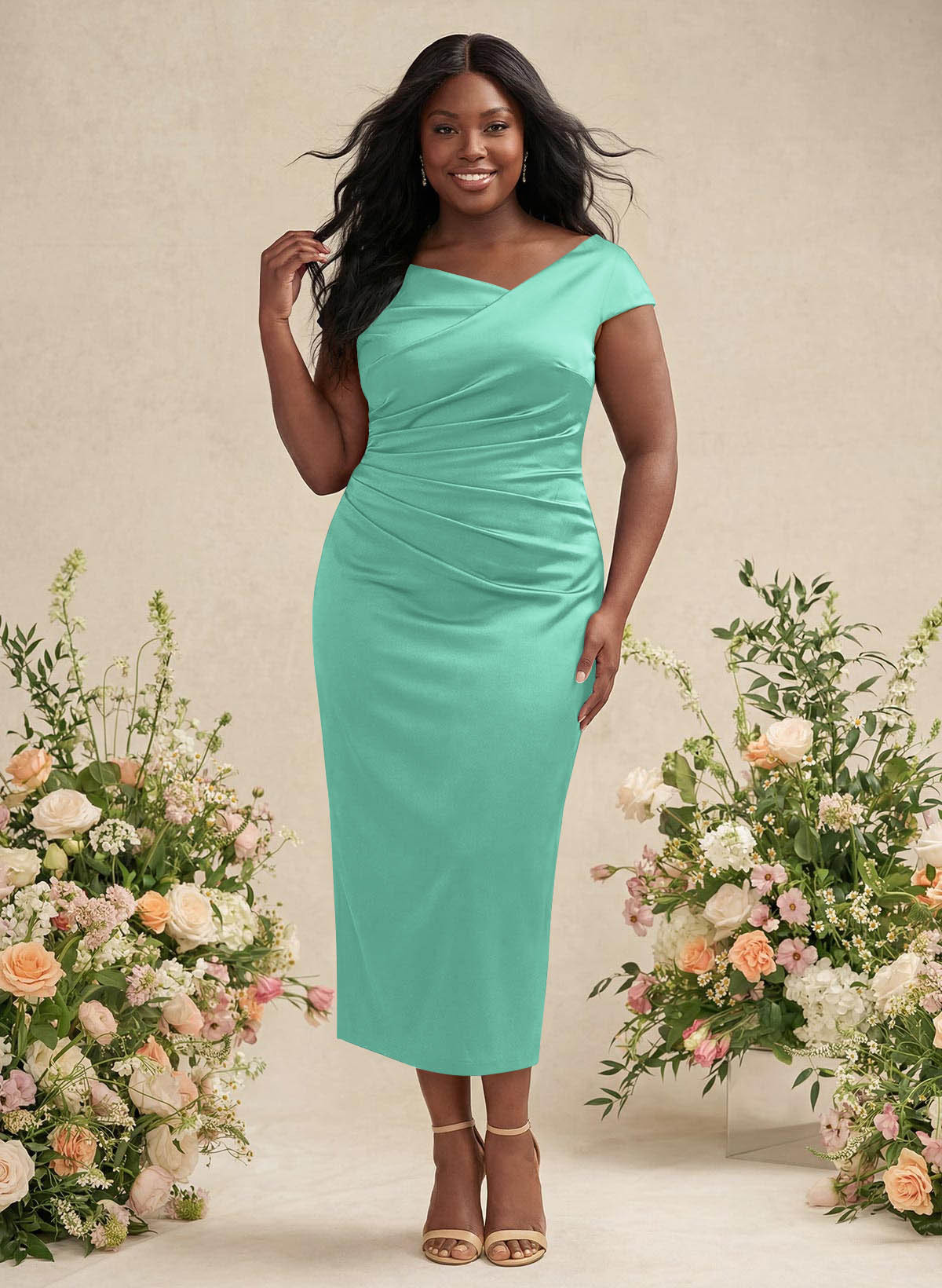 Sheath/Column Cowl Neck Short Sleeves Tea-Length Charmeuse Bridesmaid Dresses, product image 163