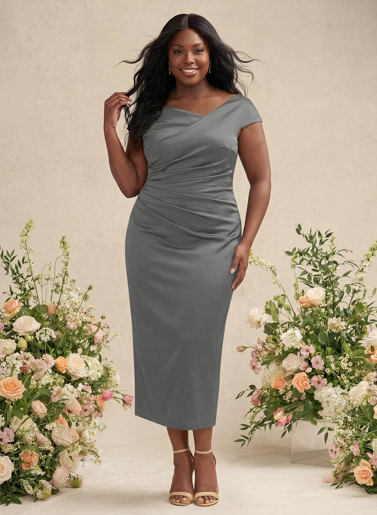 Sheath/Column Cowl Neck Short Sleeves Tea-Length Charmeuse Bridesmaid Dresses, product image 181