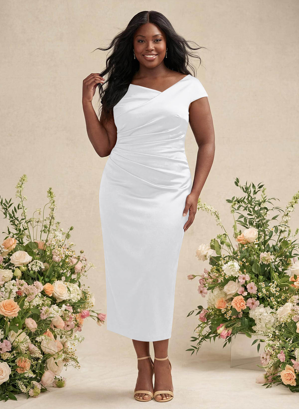 Sheath/Column Cowl Neck Short Sleeves Tea-Length Charmeuse Bridesmaid Dresses, product image 177