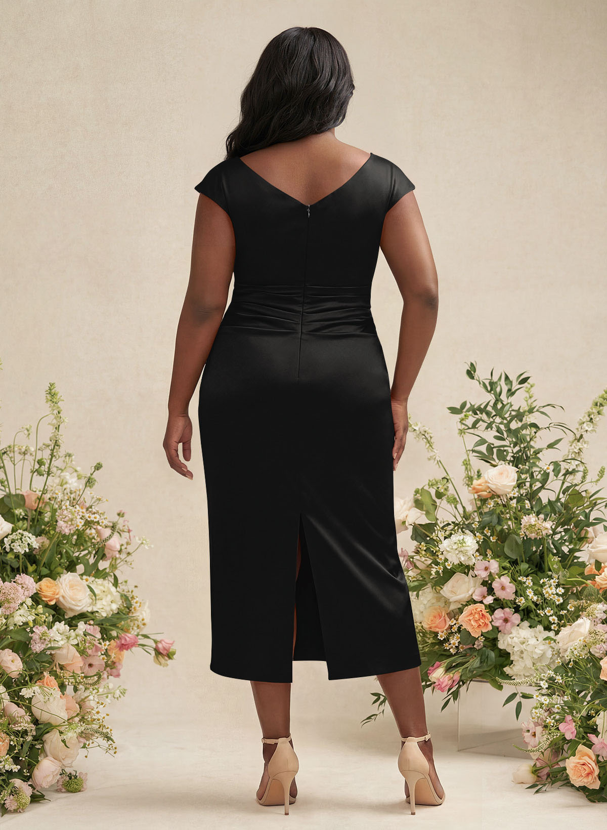 Sheath/Column Cowl Neck Short Sleeves Tea-Length Charmeuse Bridesmaid Dresses, product image 184