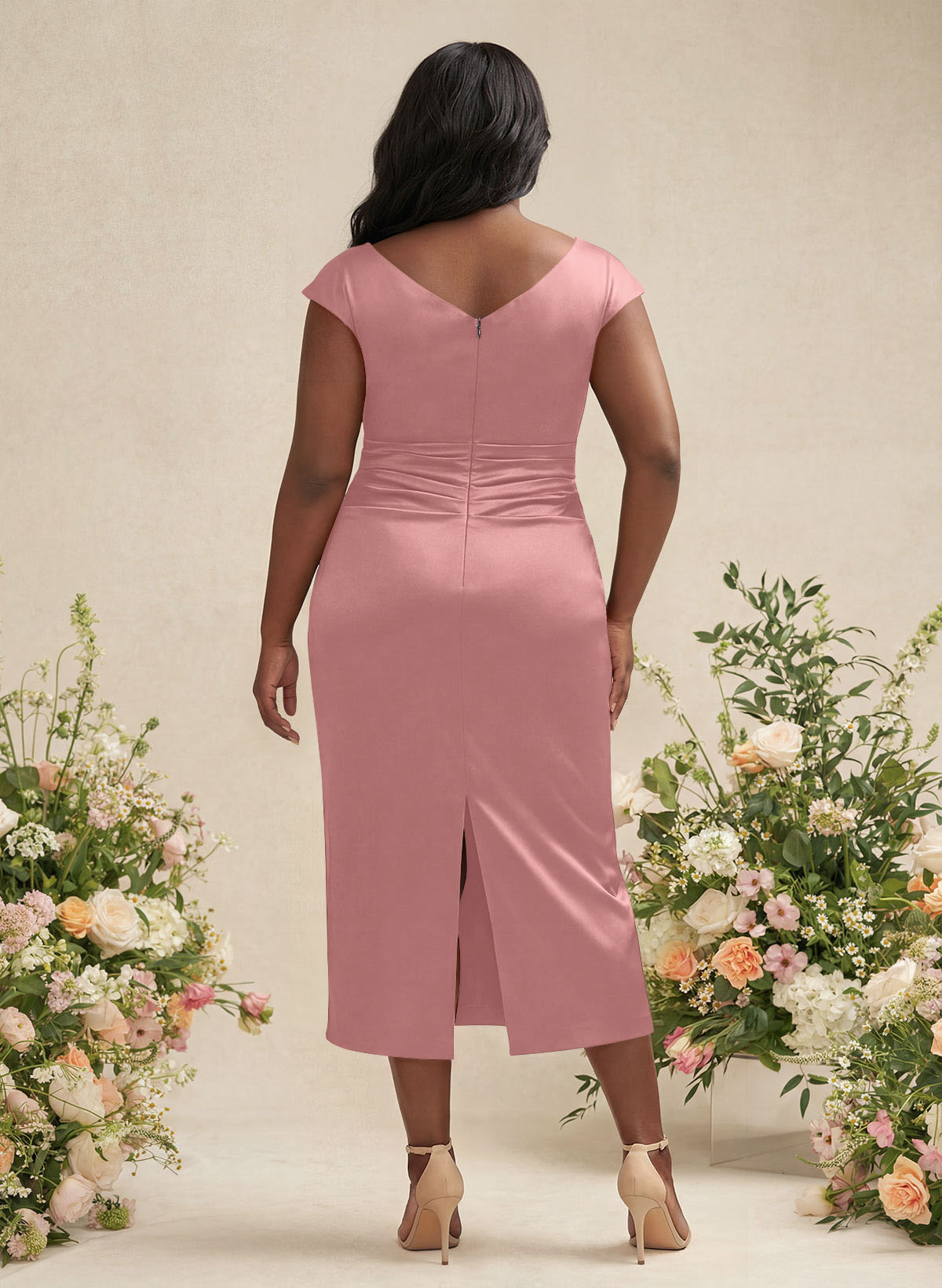 Sheath/Column Cowl Neck Short Sleeves Tea-Length Charmeuse Bridesmaid Dresses, product image 142