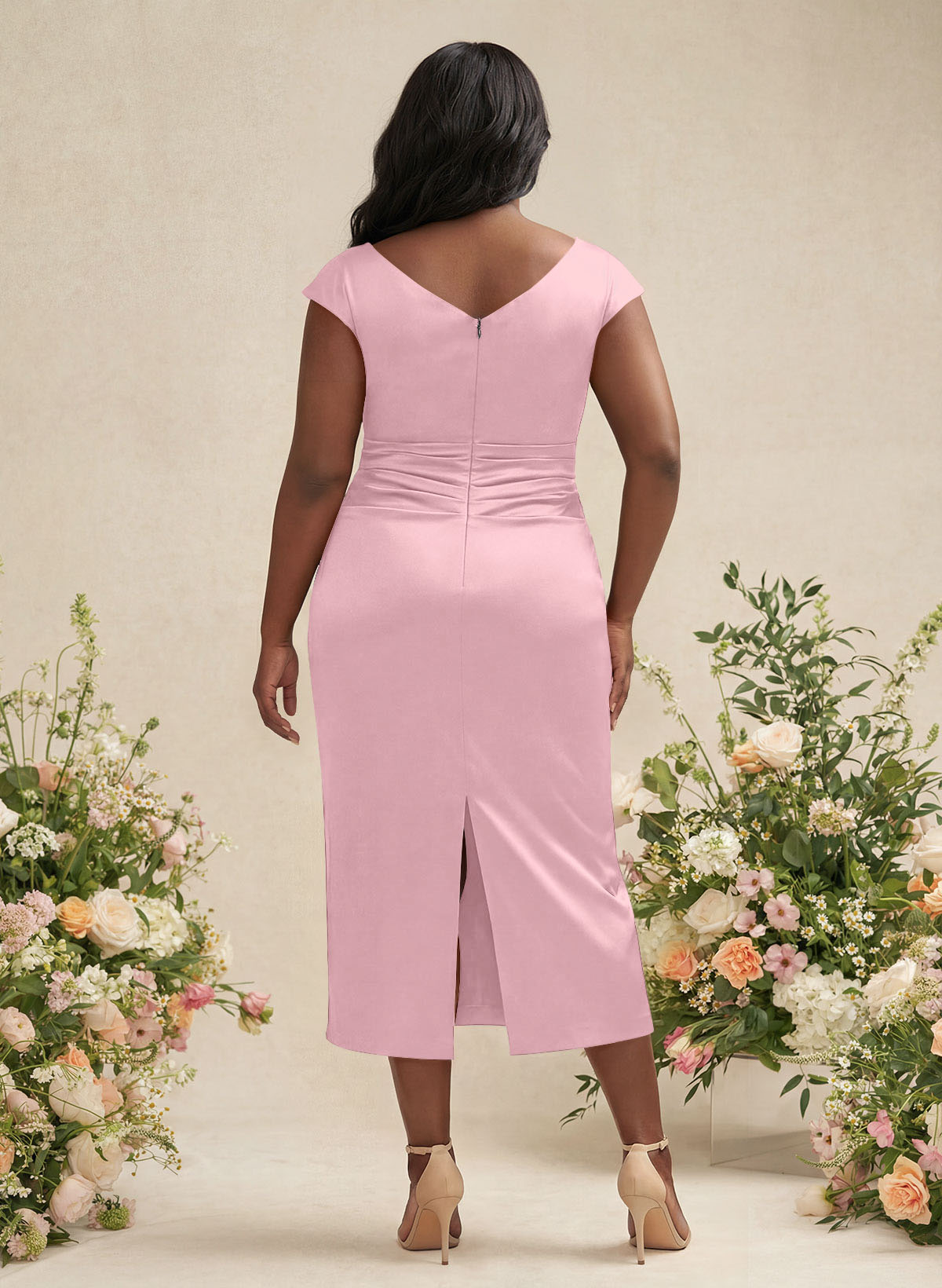 Sheath/Column Cowl Neck Short Sleeves Tea-Length Charmeuse Bridesmaid Dresses, product image 146