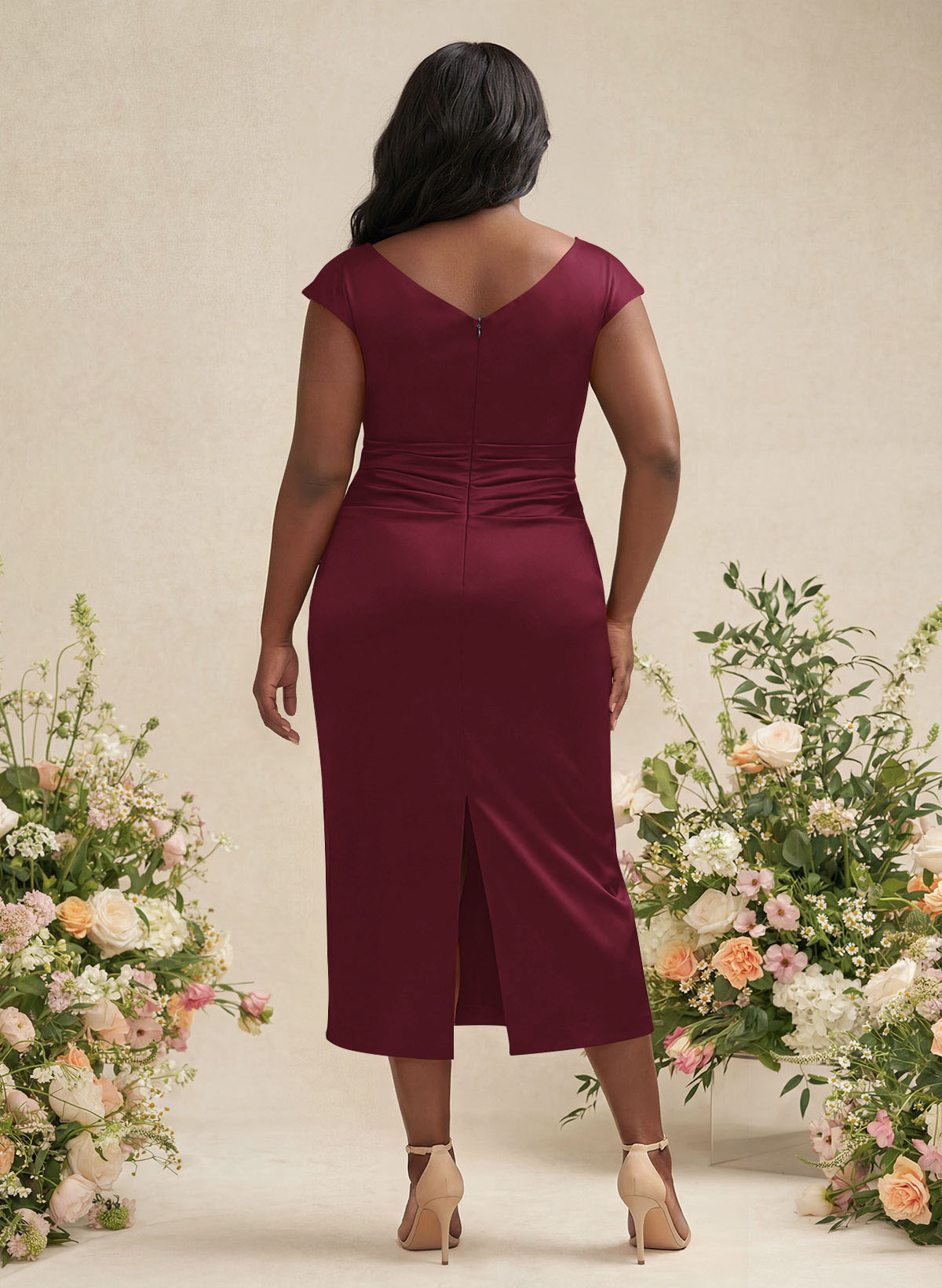 Sheath/Column Cowl Neck Short Sleeves Tea-Length Charmeuse Bridesmaid Dresses, product image 132