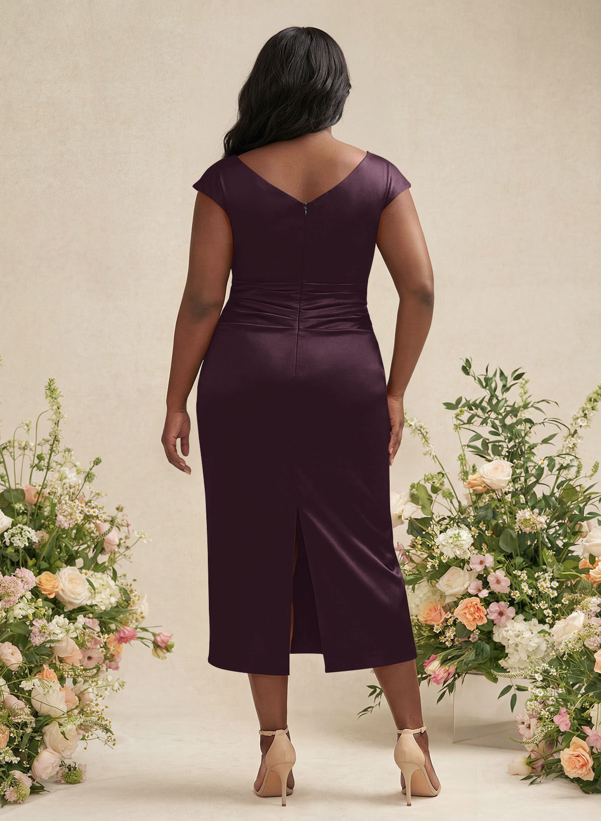Sheath/Column Cowl Neck Short Sleeves Tea-Length Charmeuse Bridesmaid Dresses, product image 130
