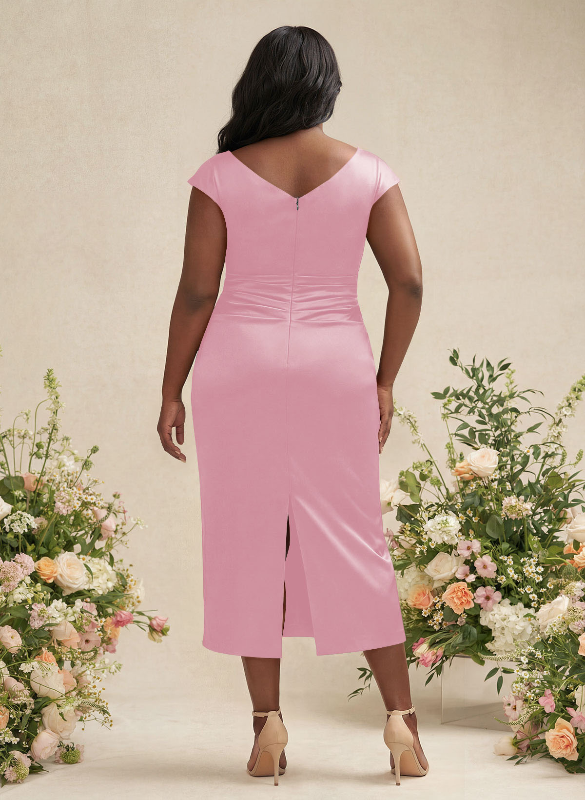 Sheath/Column Cowl Neck Short Sleeves Tea-Length Charmeuse Bridesmaid Dresses, product image 148