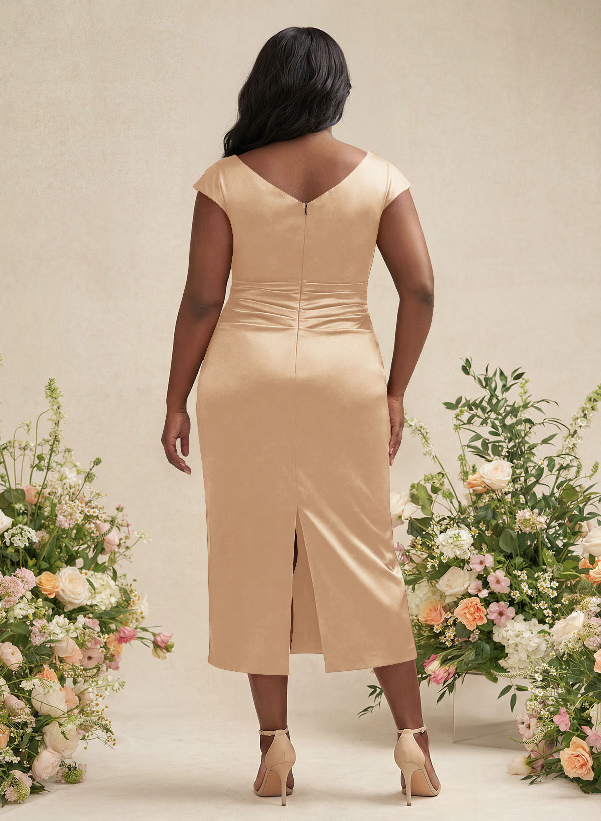 Sheath/Column Cowl Neck Short Sleeves Tea-Length Charmeuse Bridesmaid Dresses, product image 166