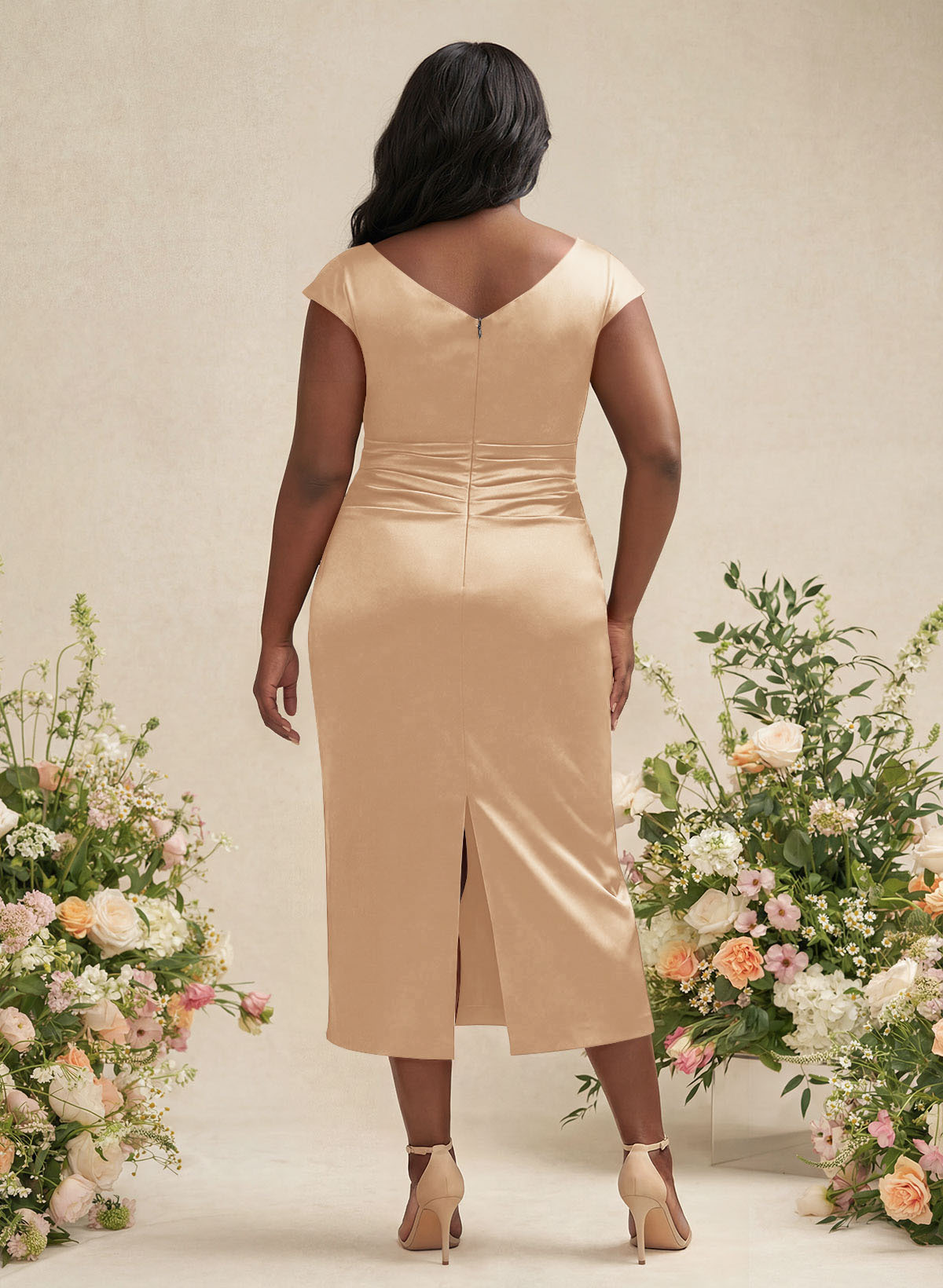 Sheath/Column Cowl Neck Short Sleeves Tea-Length Charmeuse Bridesmaid Dresses, product image 166