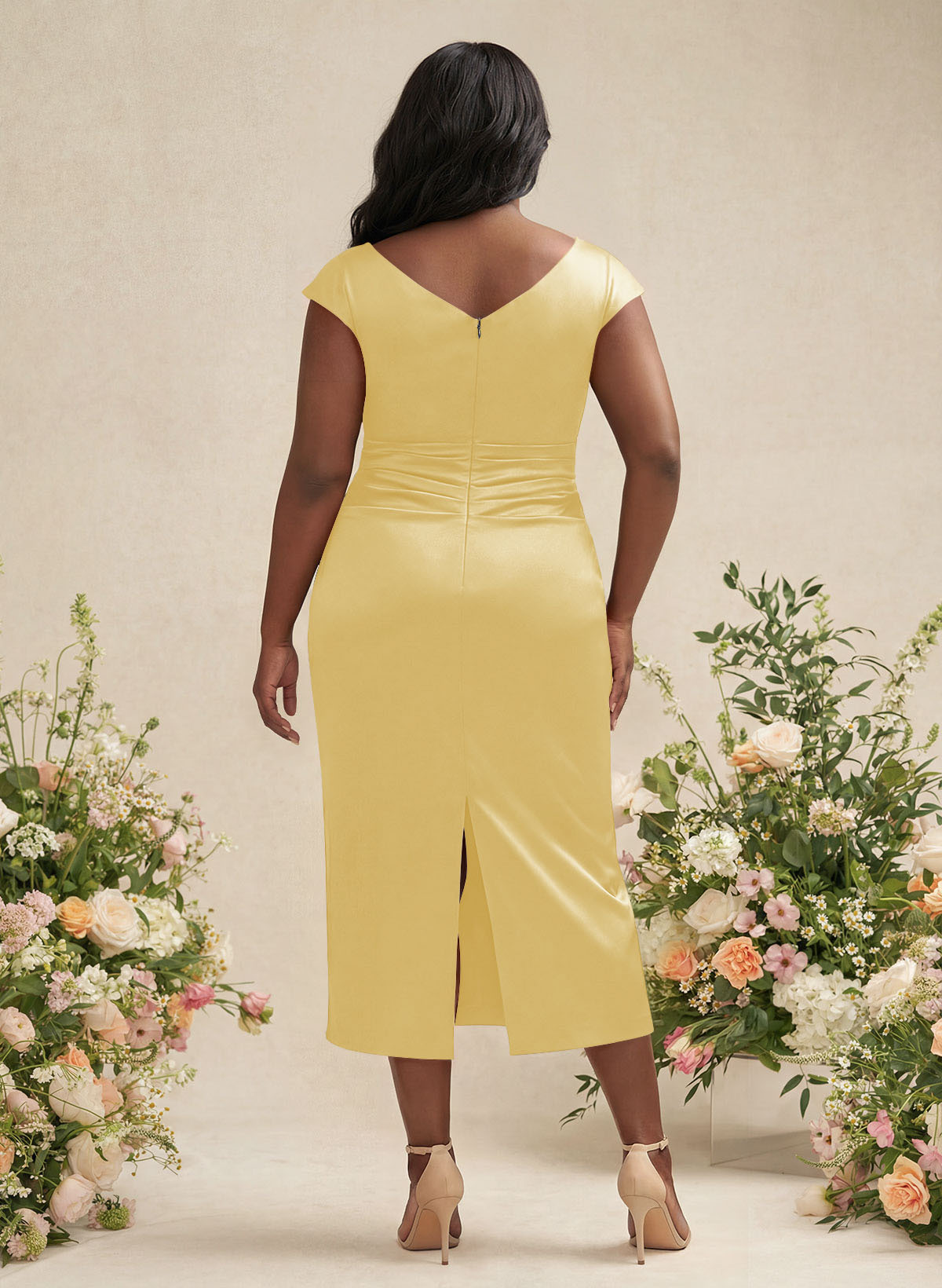 Sheath/Column Cowl Neck Short Sleeves Tea-Length Charmeuse Bridesmaid Dresses, product image 168