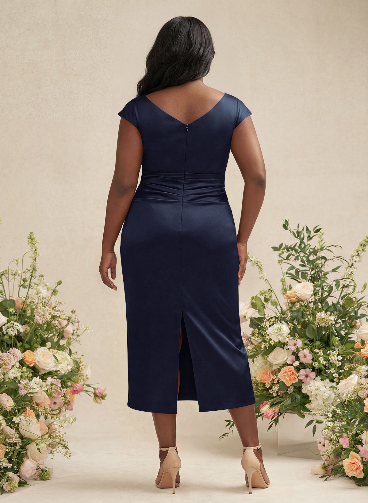 Sheath/Column Cowl Neck Short Sleeves Tea-Length Charmeuse Bridesmaid Dresses, product image 118