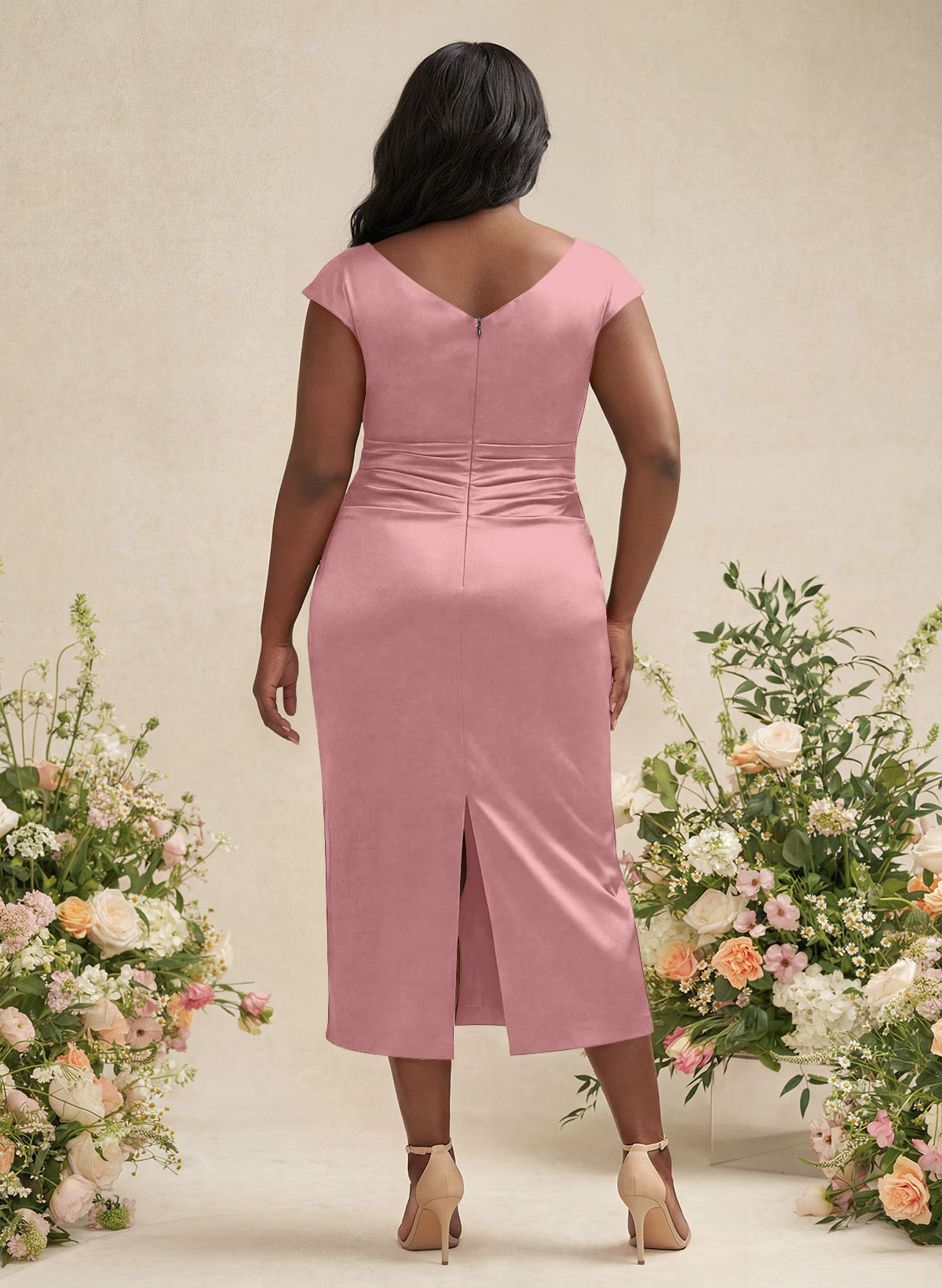 Sheath/Column Cowl Neck Short Sleeves Tea-Length Charmeuse Bridesmaid Dresses, product image 138