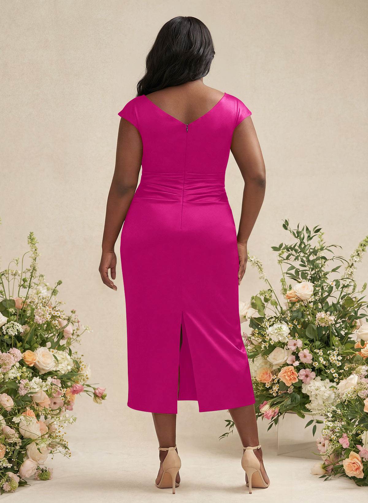 Sheath/Column Cowl Neck Short Sleeves Tea-Length Charmeuse Bridesmaid Dresses, product image 156