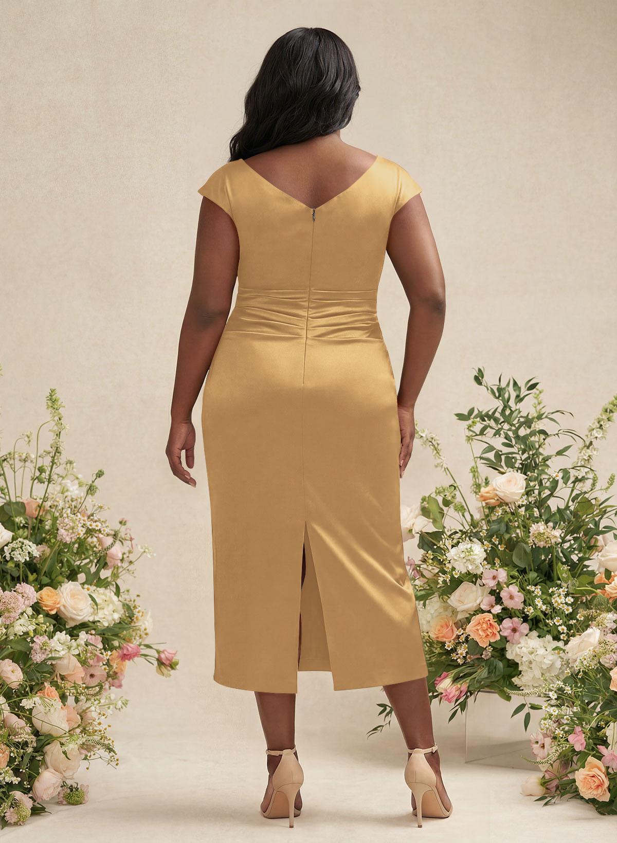 Sheath/Column Cowl Neck Short Sleeves Tea-Length Charmeuse Bridesmaid Dresses, product image 170
