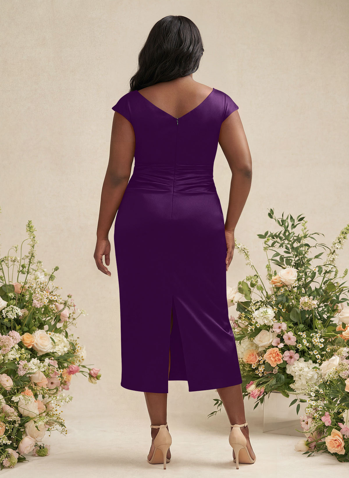 Sheath/Column Cowl Neck Short Sleeves Tea-Length Charmeuse Bridesmaid Dresses, product image 154