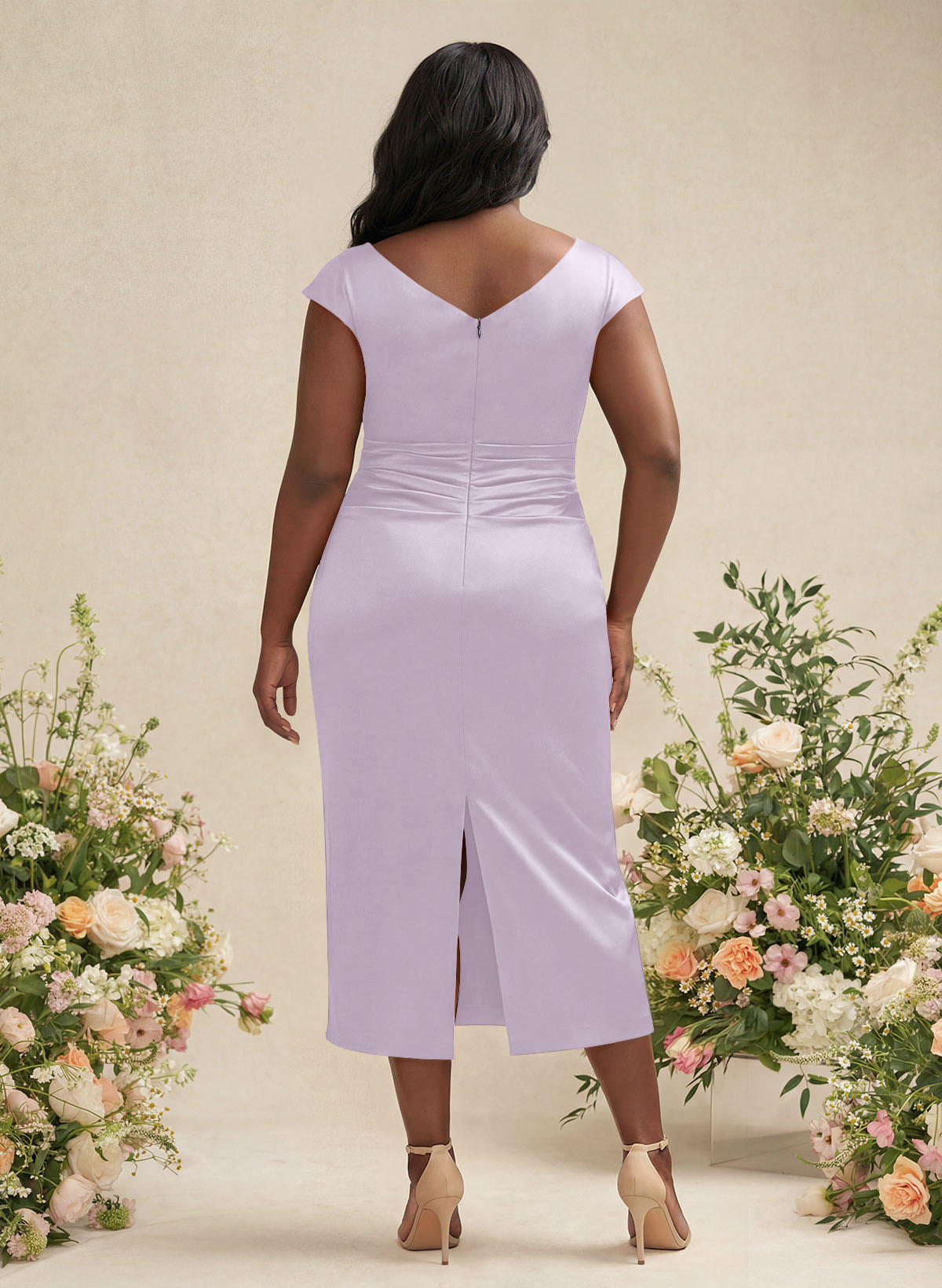 Sheath/Column Cowl Neck Short Sleeves Tea-Length Charmeuse Bridesmaid Dresses, product image 150