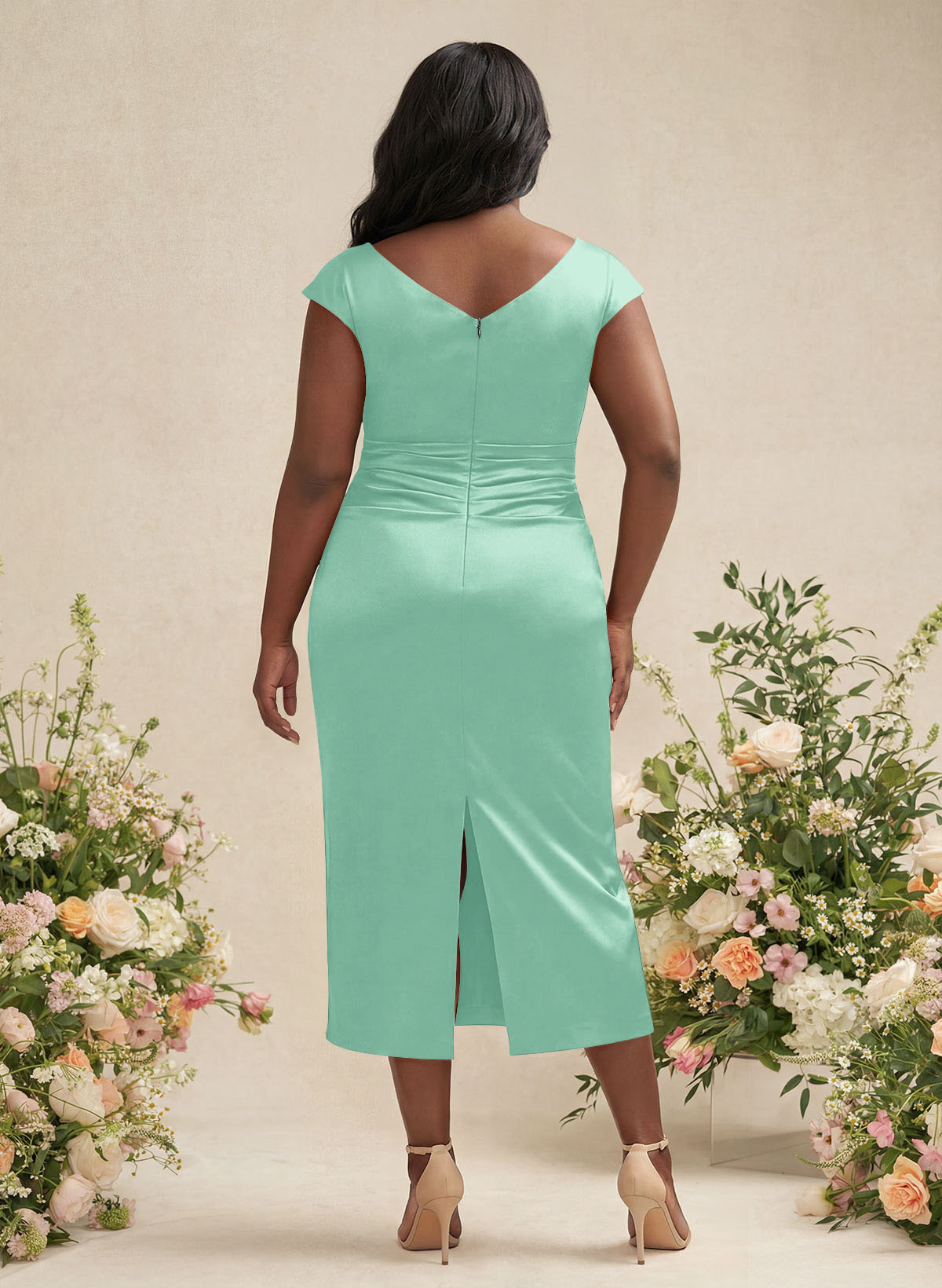 Sheath/Column Cowl Neck Short Sleeves Tea-Length Charmeuse Bridesmaid Dresses, product image 162