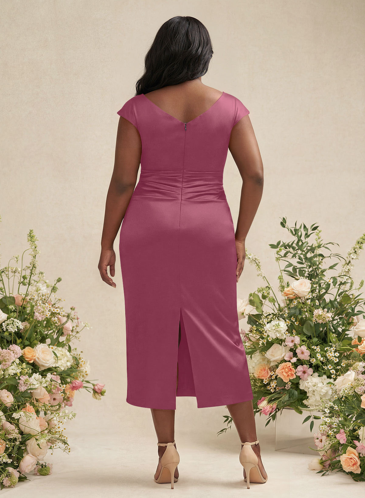 Sheath/Column Cowl Neck Short Sleeves Tea-Length Charmeuse Bridesmaid Dresses, product image 134