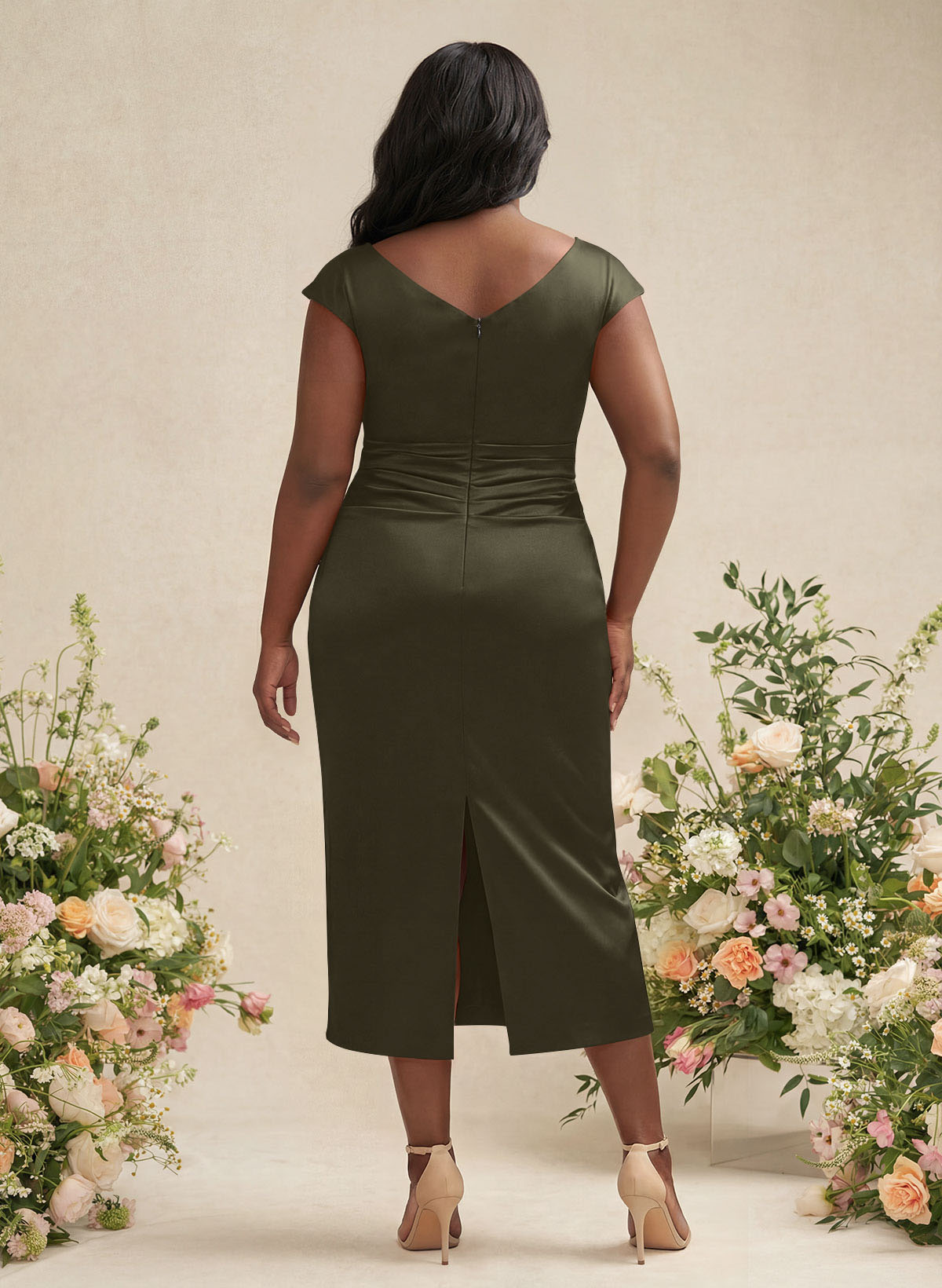 Sheath/Column Cowl Neck Short Sleeves Tea-Length Charmeuse Bridesmaid Dresses, product image 186