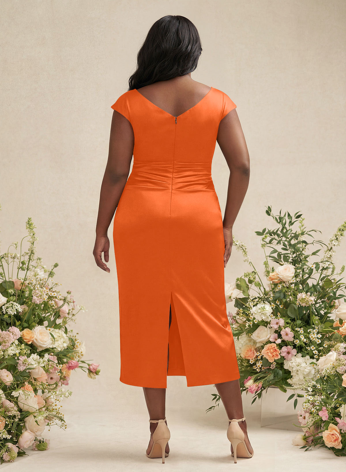 Sheath/Column Cowl Neck Short Sleeves Tea-Length Charmeuse Bridesmaid Dresses, product image 172