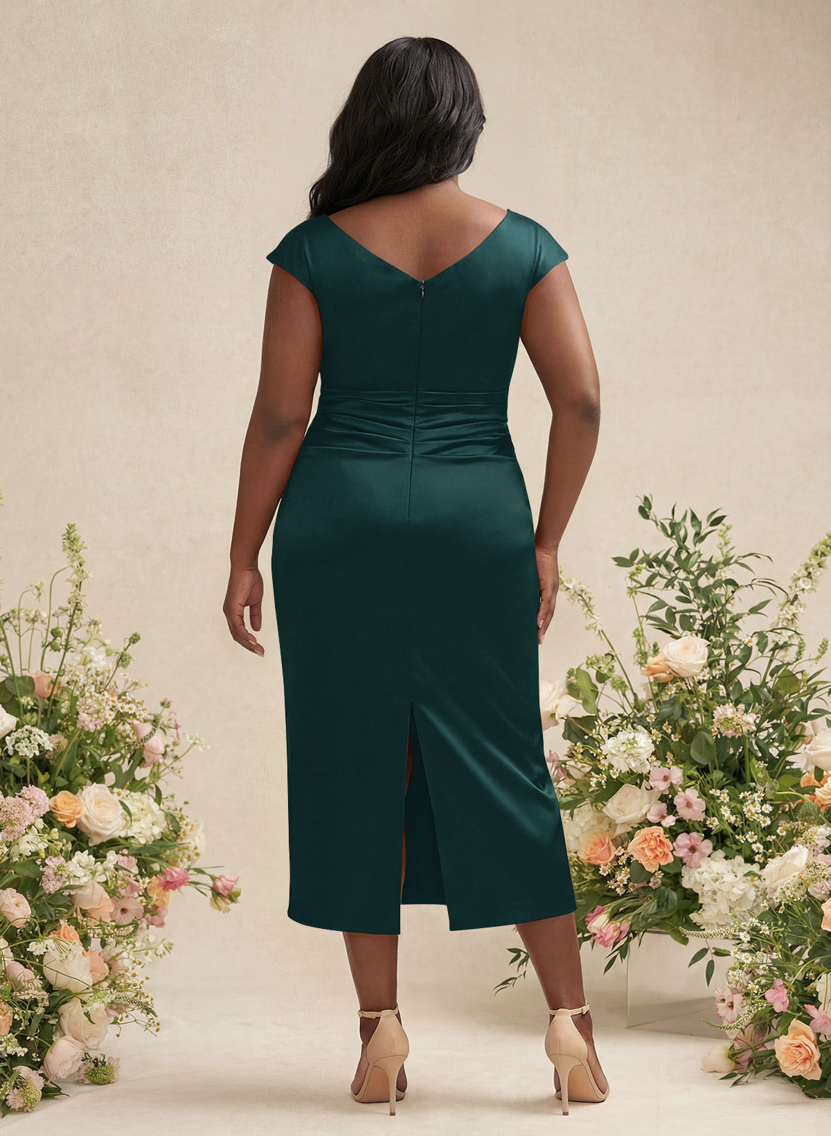 Sheath/Column Cowl Neck Short Sleeves Tea-Length Charmeuse Bridesmaid Dresses, product image 158