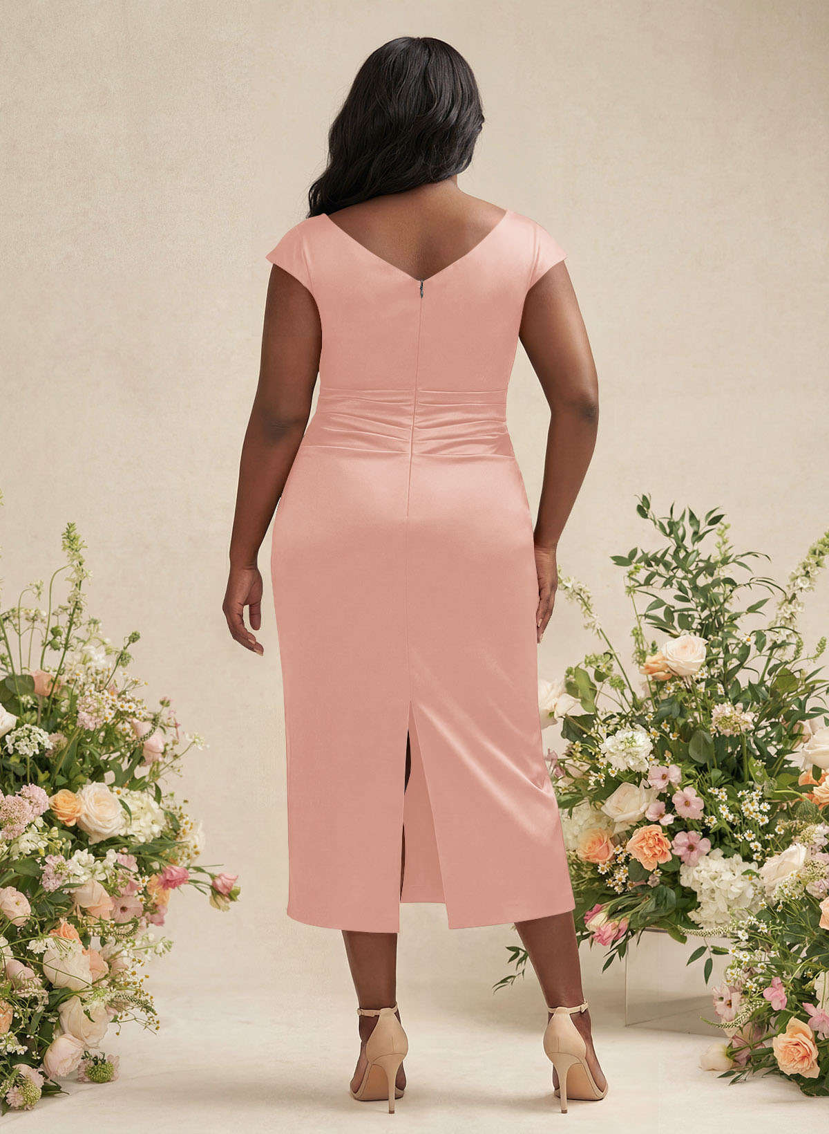Sheath/Column Cowl Neck Short Sleeves Tea-Length Charmeuse Bridesmaid Dresses, product image 140