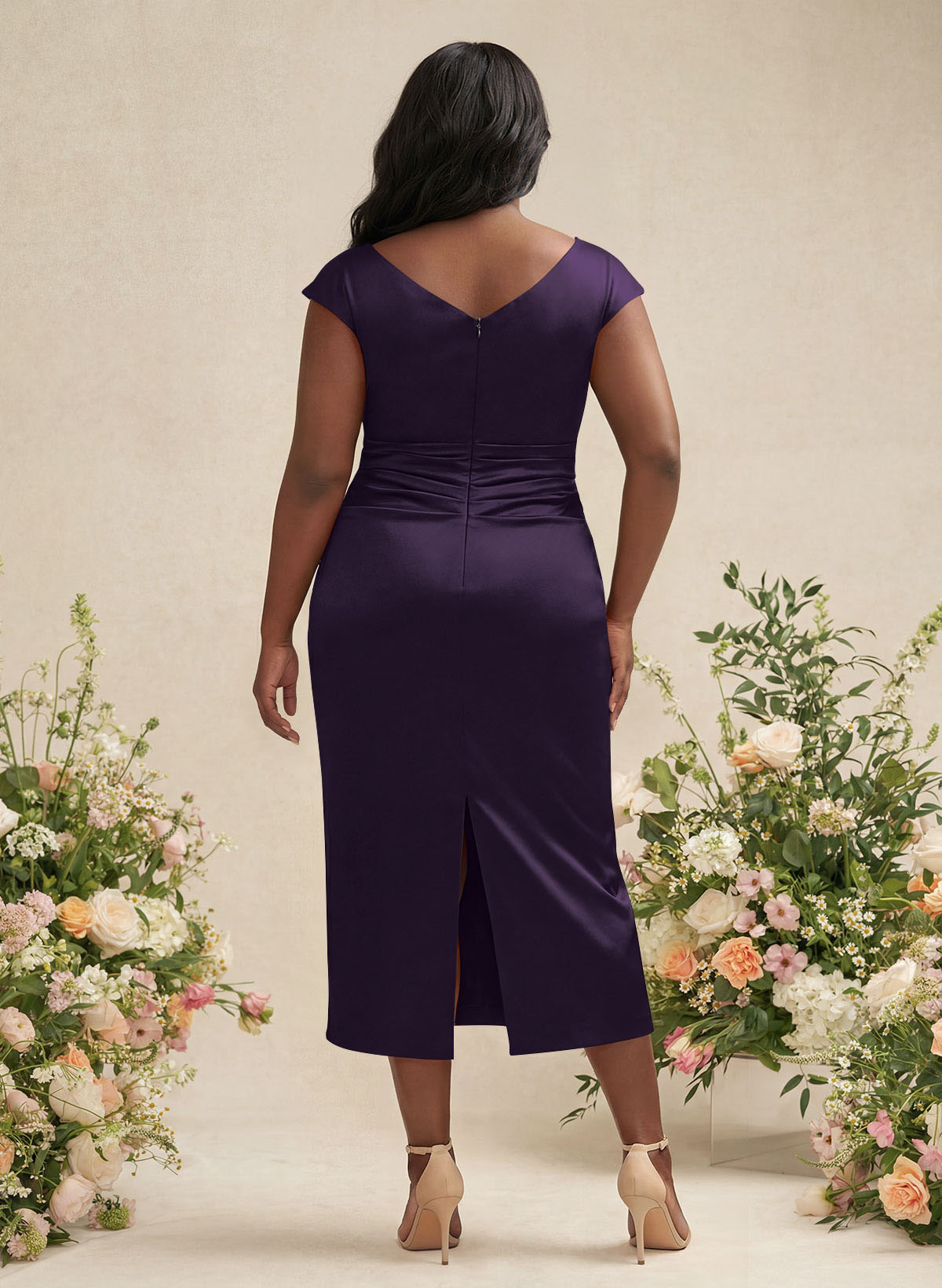 Sheath/Column Cowl Neck Short Sleeves Tea-Length Charmeuse Bridesmaid Dresses, product image 152
