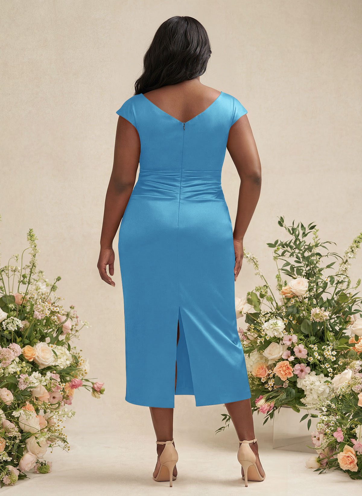 Sheath/Column Cowl Neck Short Sleeves Tea-Length Charmeuse Bridesmaid Dresses, product image 126