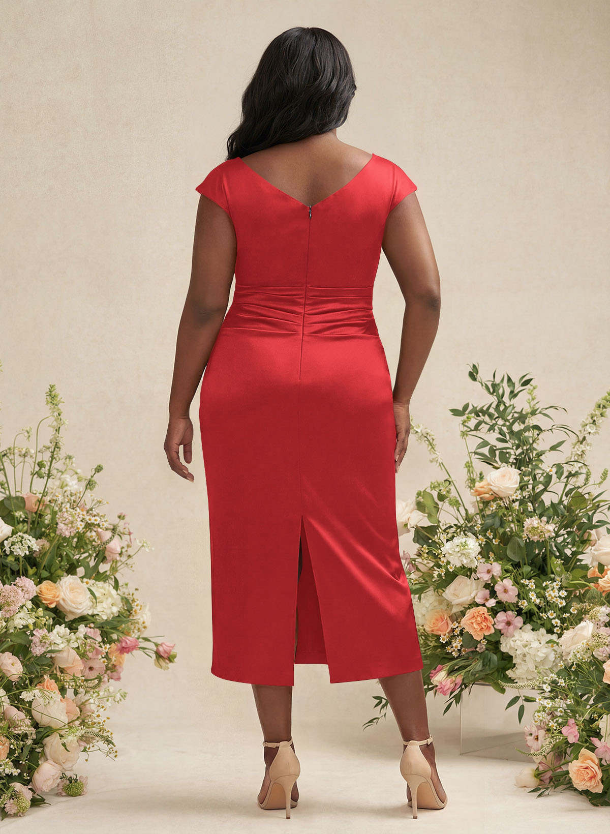 Sheath/Column Cowl Neck Short Sleeves Tea-Length Charmeuse Bridesmaid Dresses, product image 136
