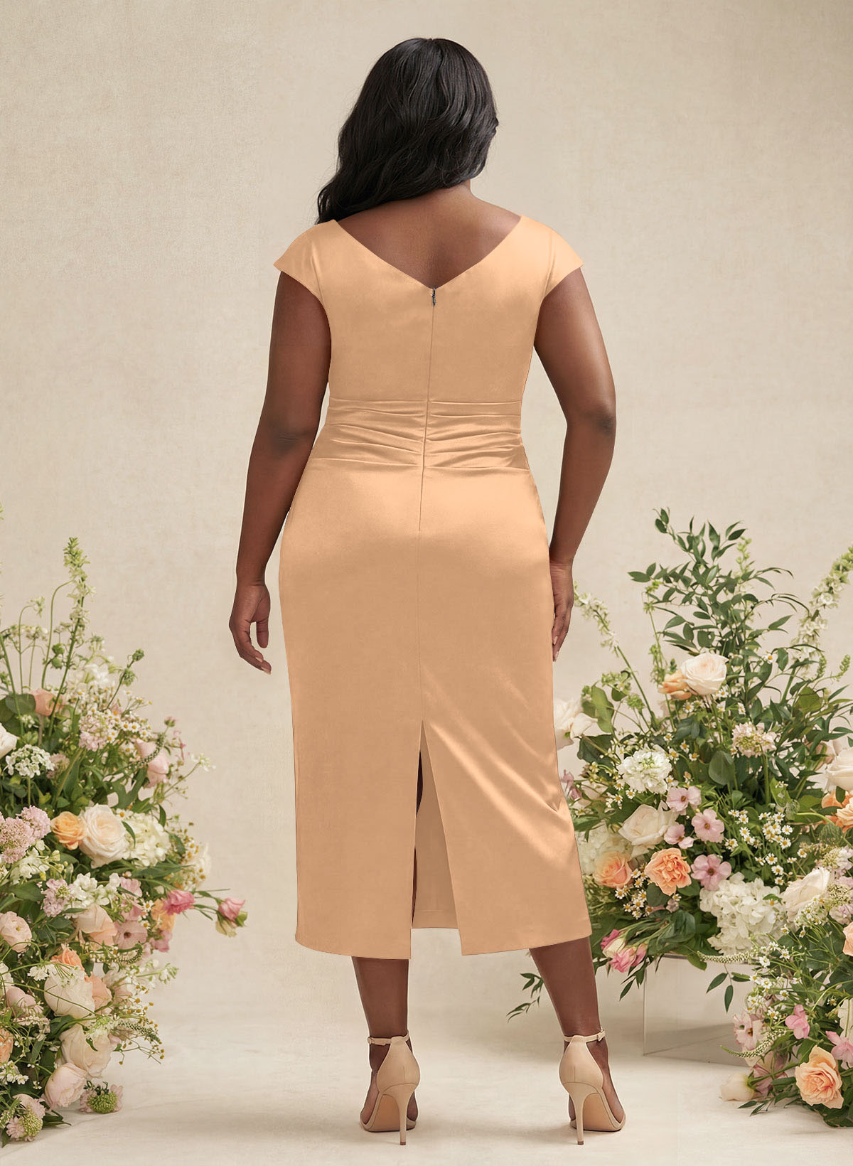 Sheath/Column Cowl Neck Short Sleeves Tea-Length Charmeuse Bridesmaid Dresses, product image 188