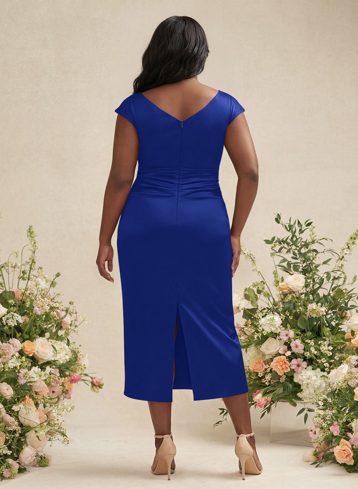 Sheath/Column Cowl Neck Short Sleeves Tea-Length Charmeuse Bridesmaid Dresses, product image 122