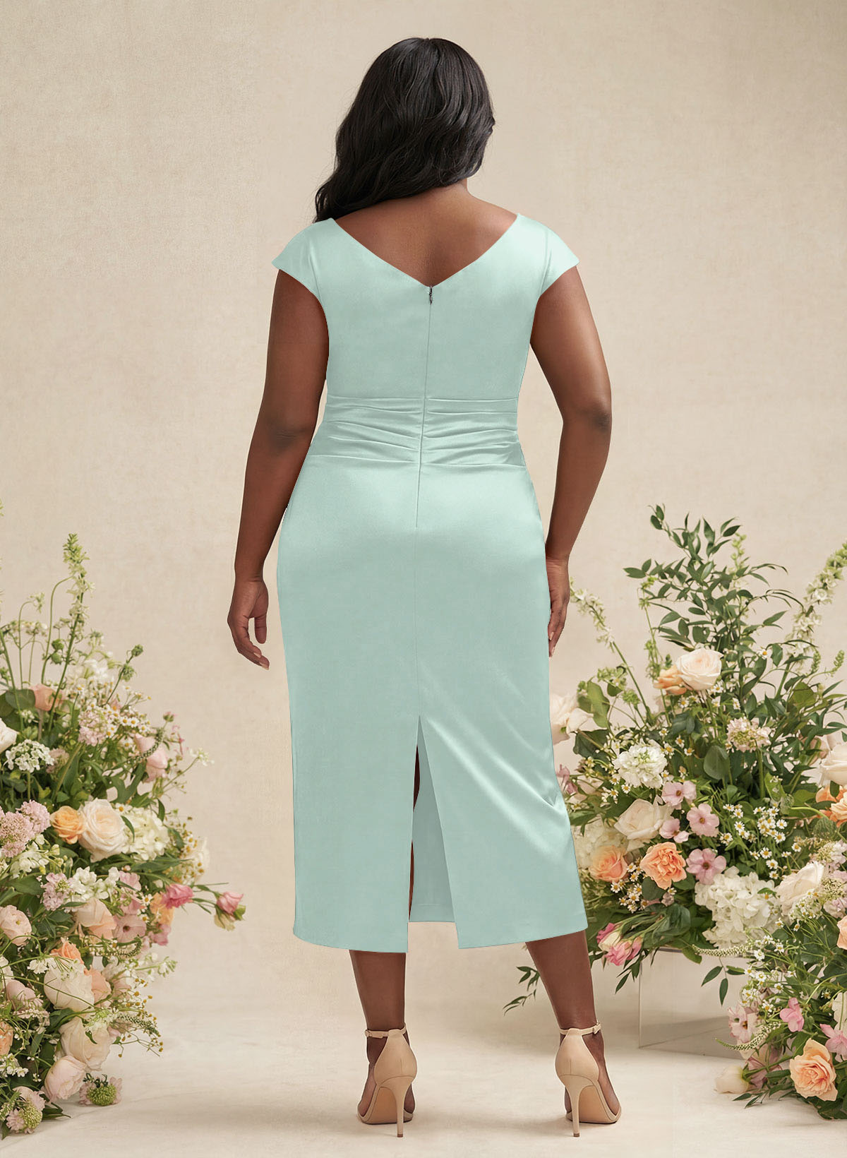 Sheath/Column Cowl Neck Short Sleeves Tea-Length Charmeuse Bridesmaid Dresses, product image 160