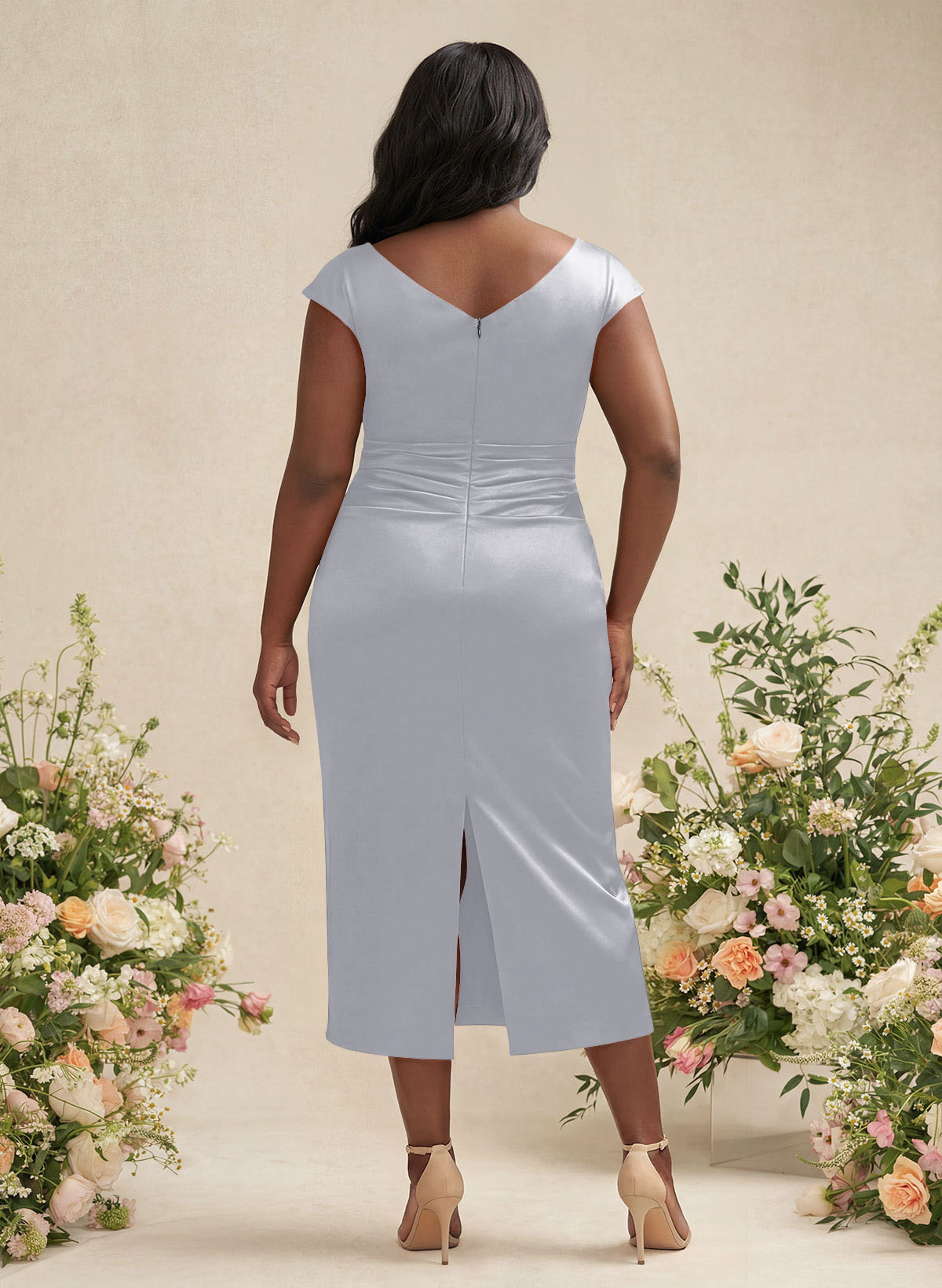 Sheath/Column Cowl Neck Short Sleeves Tea-Length Charmeuse Bridesmaid Dresses, product image 180