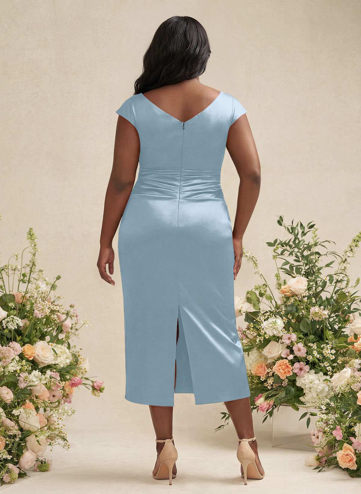 Sheath/Column Cowl Neck Short Sleeves Tea-Length Charmeuse Bridesmaid Dresses, product image 128