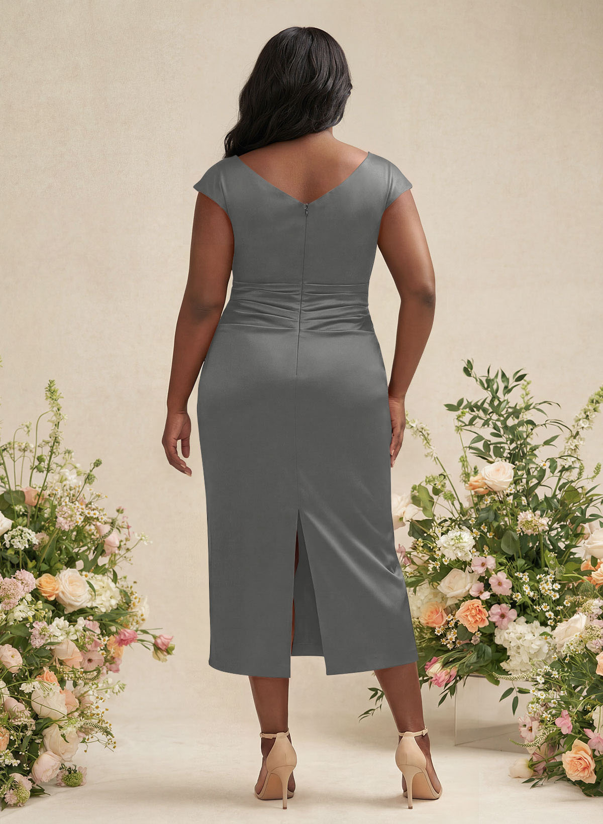 Sheath/Column Cowl Neck Short Sleeves Tea-Length Charmeuse Bridesmaid Dresses, product image 182