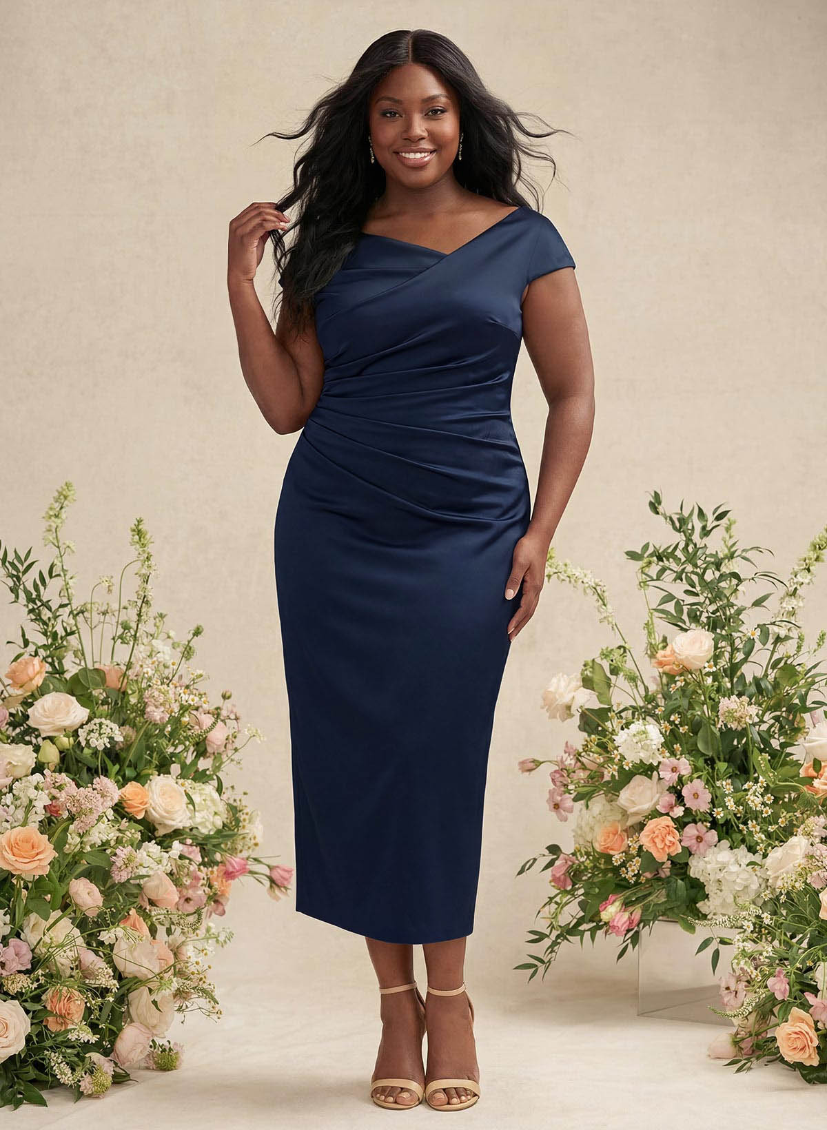 Sheath/Column Cowl Neck Short Sleeves Tea-Length Charmeuse Bridesmaid Dresses, product image 115