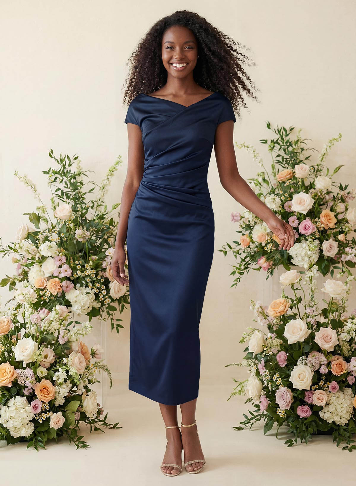 Sheath/Column Cowl Neck Short Sleeves Tea-Length Charmeuse Bridesmaid Dresses, product image 1