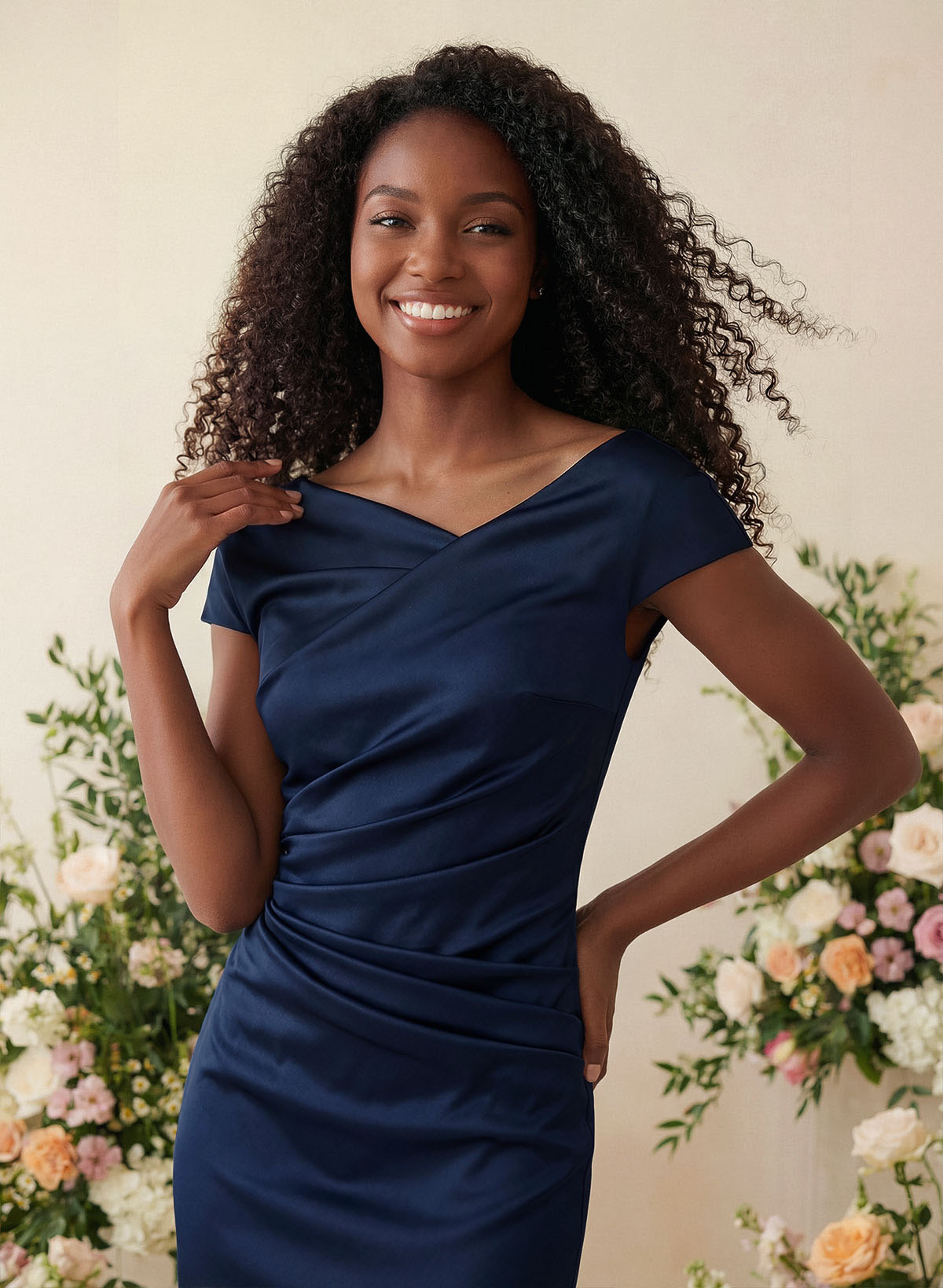 Sheath/Column Cowl Neck Short Sleeves Tea-Length Charmeuse Bridesmaid Dresses, product image 2