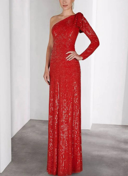 Sheath/Column One-Shoulder Long Sleeves Floor-Length Sequined Evening Dresses With Bow(s) in Red, US2