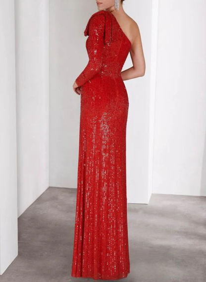 Sheath/Column One-Shoulder Long Sleeves Floor-Length Sequined Evening Dresses With Bow(s), supplier image 2
