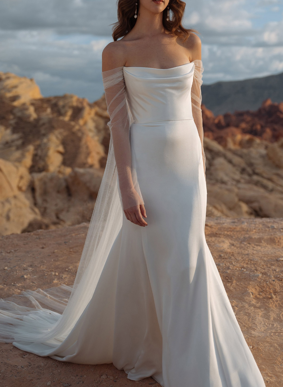 Mermaid Off-The-Shoulder Long Sleeves Court Train Crepe Satin Detachable Shawl Wedding Dresses, image 1