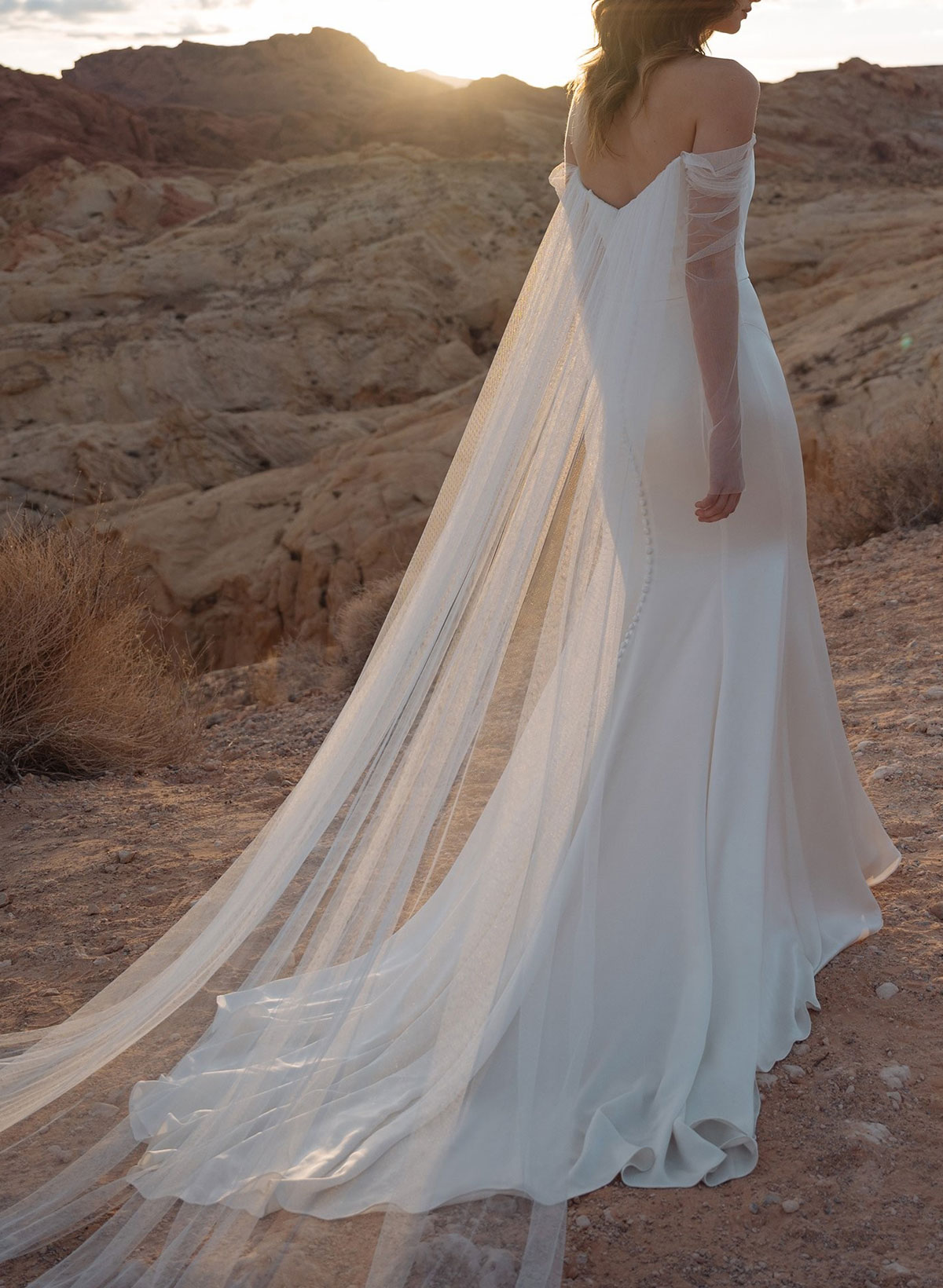 Mermaid Off-The-Shoulder Long Sleeves Court Train Crepe Satin Detachable Shawl Wedding Dresses, image 4