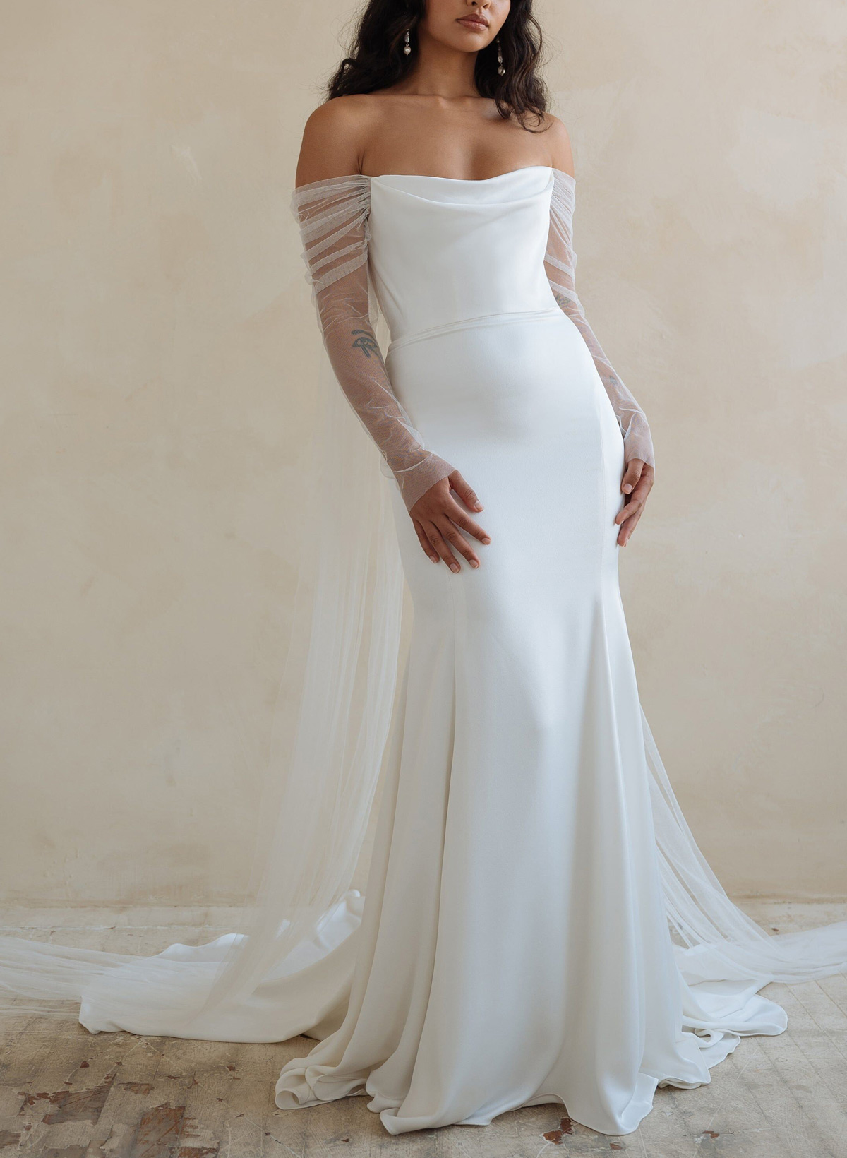 Mermaid Off-The-Shoulder Long Sleeves Court Train Crepe Satin Detachable Shawl Wedding Dresses, image 6