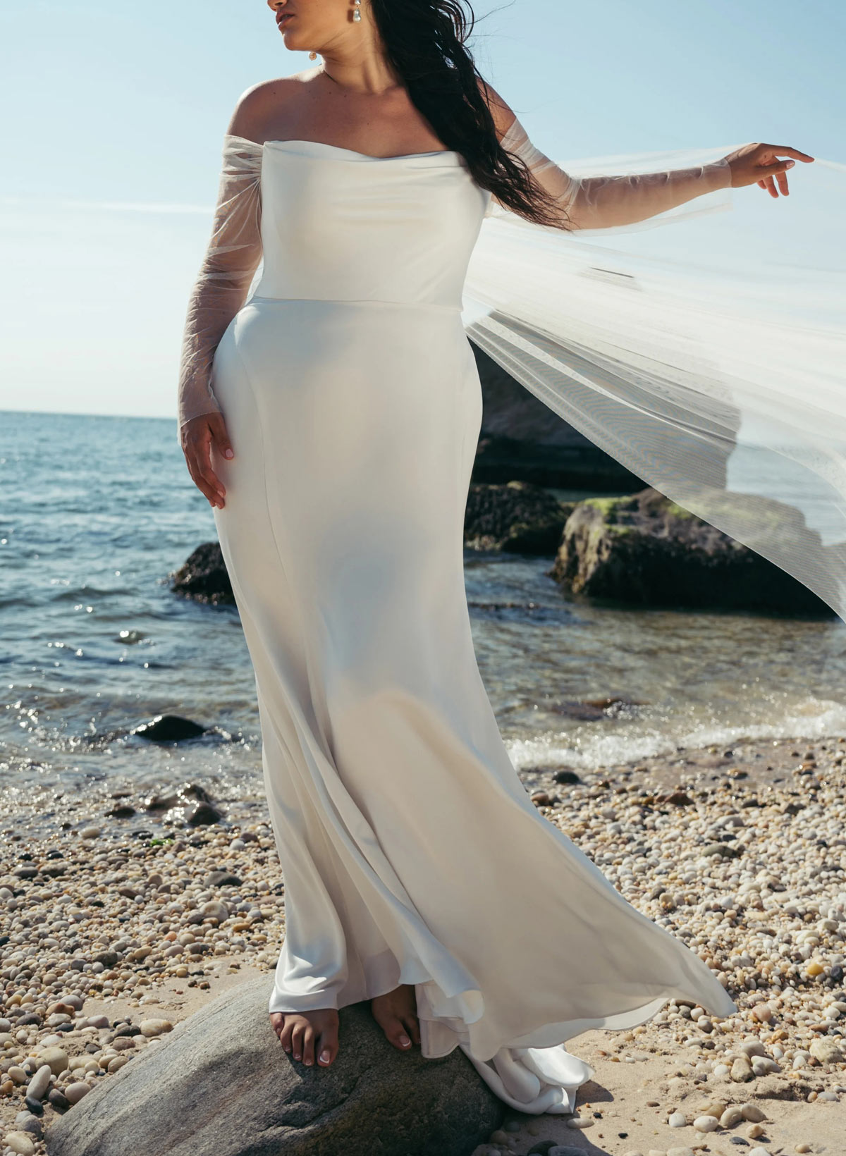 Mermaid Off-The-Shoulder Long Sleeves Court Train Crepe Satin Detachable Shawl Wedding Dresses, image 7