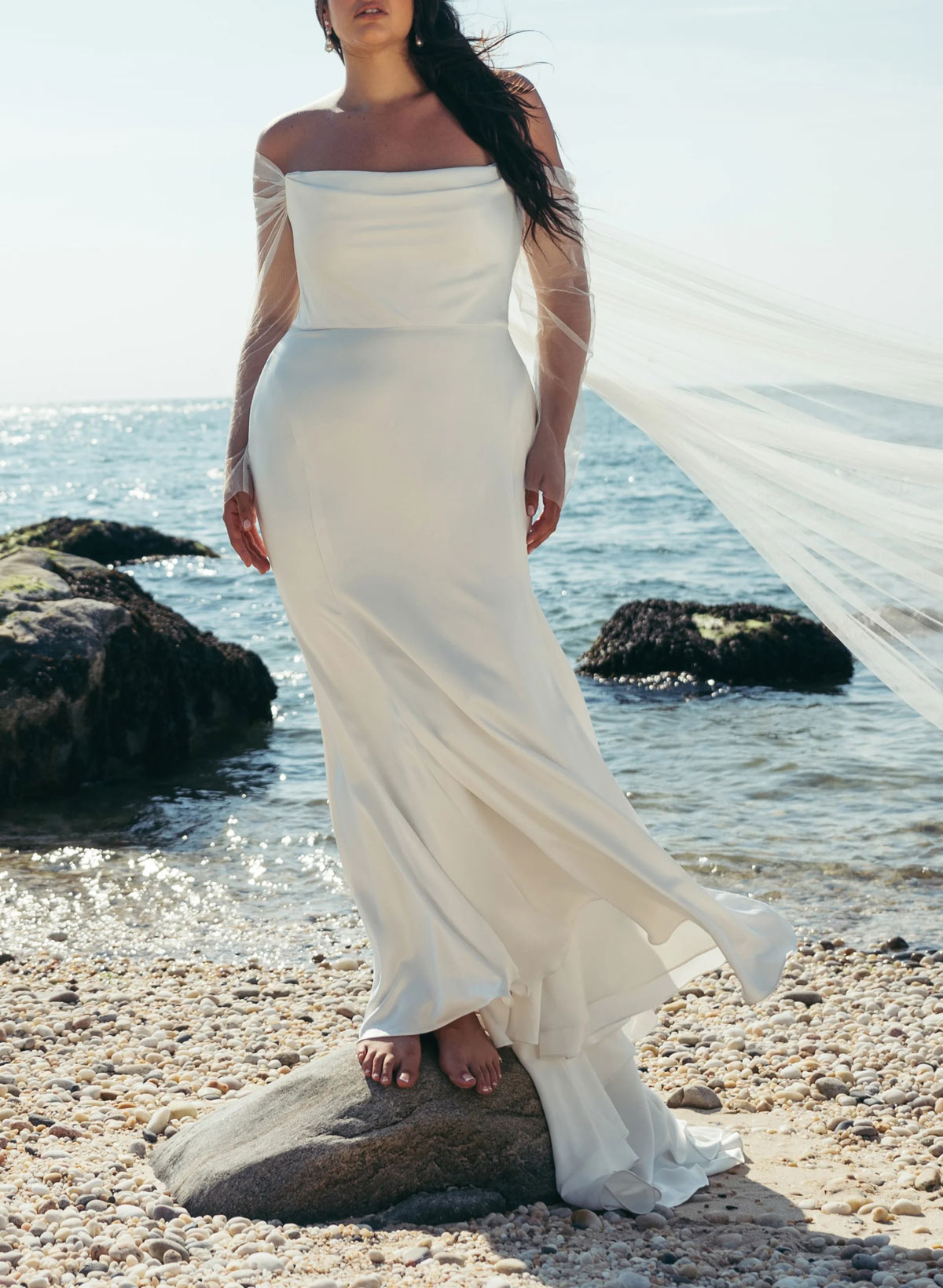 Mermaid Off-The-Shoulder Long Sleeves Court Train Crepe Satin Detachable Shawl Wedding Dresses, image 8