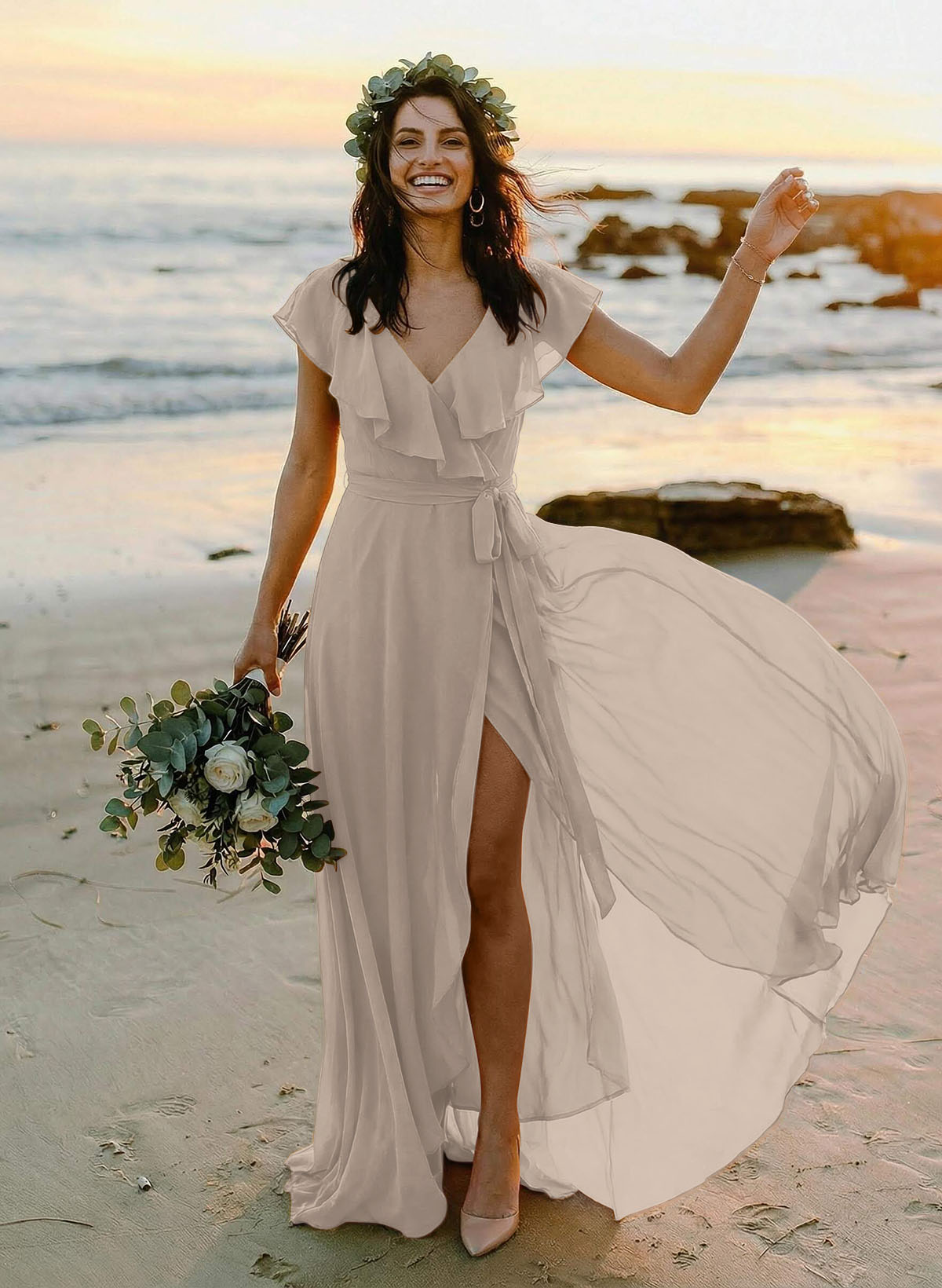 A-Line V-Neck Sleeveless Chiffon Asymmetrical Bridesmaid Dresses With Bow(s), product image 123