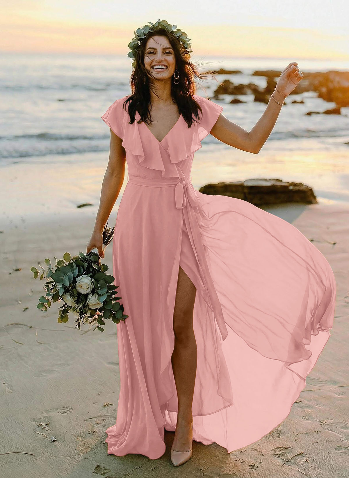 A-Line V-Neck Sleeveless Chiffon Asymmetrical Bridesmaid Dresses With Bow(s), product image 45