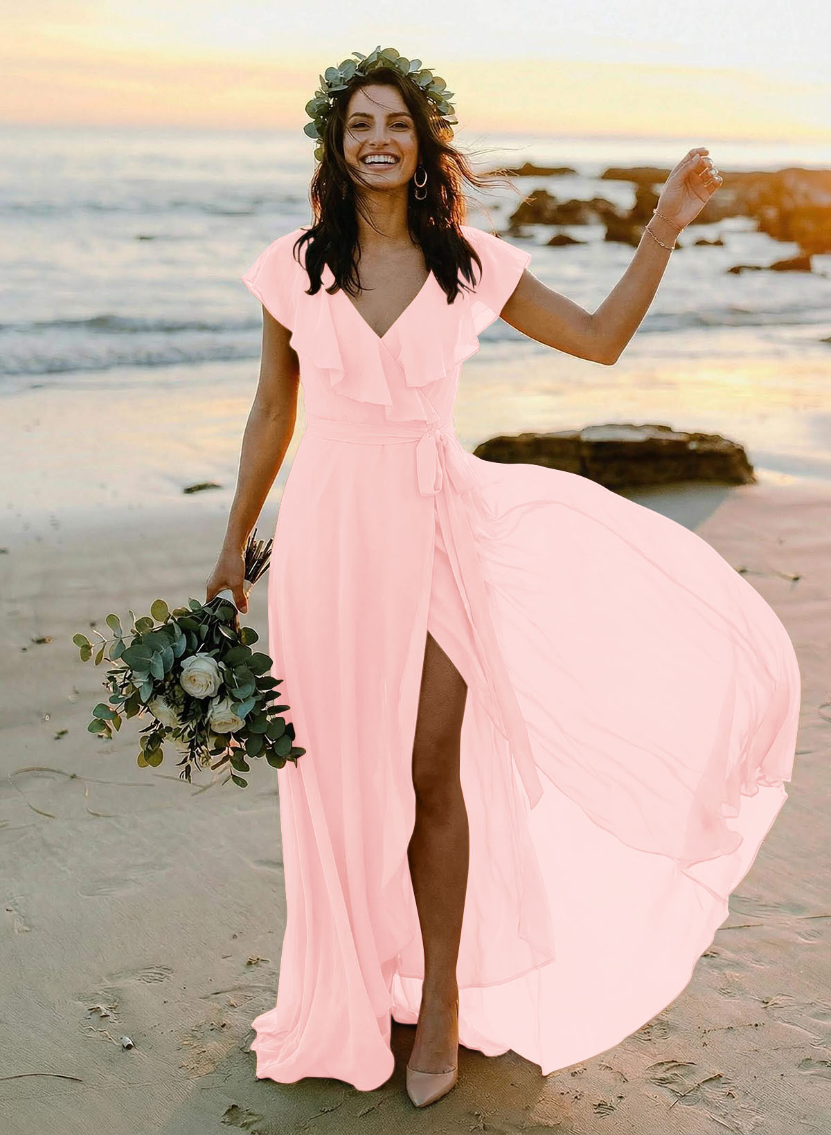 A-Line V-Neck Sleeveless Chiffon Asymmetrical Bridesmaid Dresses With Bow(s), product image 51