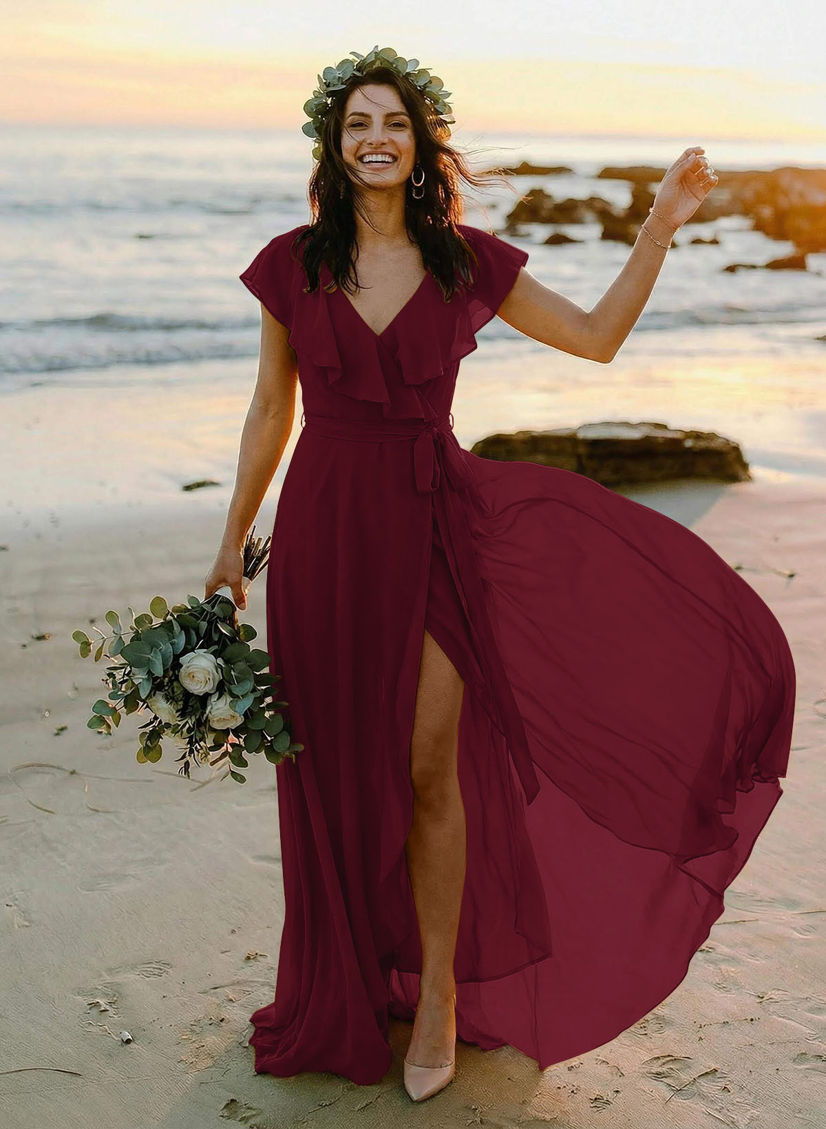 A-Line V-Neck Sleeveless Chiffon Asymmetrical Bridesmaid Dresses With Bow(s), product image 29