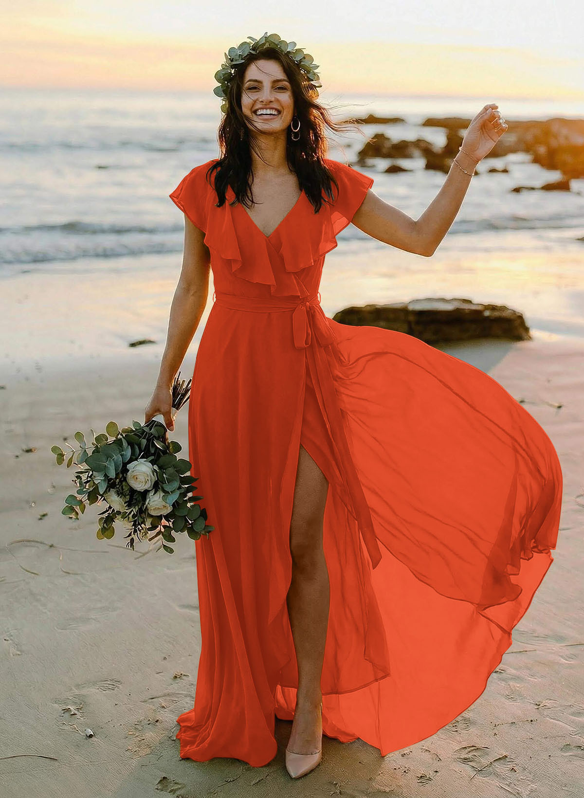 A-Line V-Neck Sleeveless Chiffon Asymmetrical Bridesmaid Dresses With Bow(s), product image 125